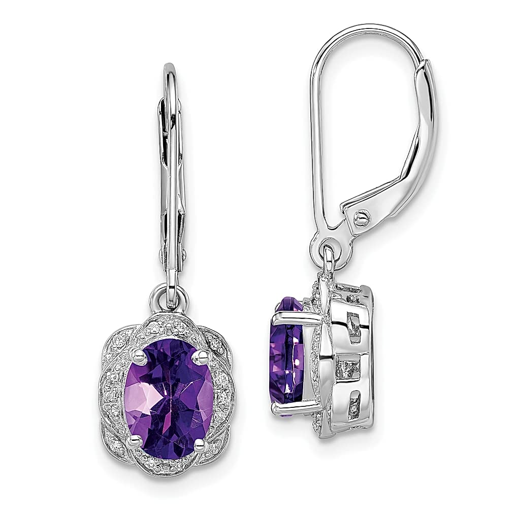925 Sterling Silver Rhodium Plated Diamond & Amethyst Leverback Drop Earrings - Elegant Dangle Fine Jewelry for Women - Perfect Gift for Her - Ideal for Weddings, Parties & Special Occasions