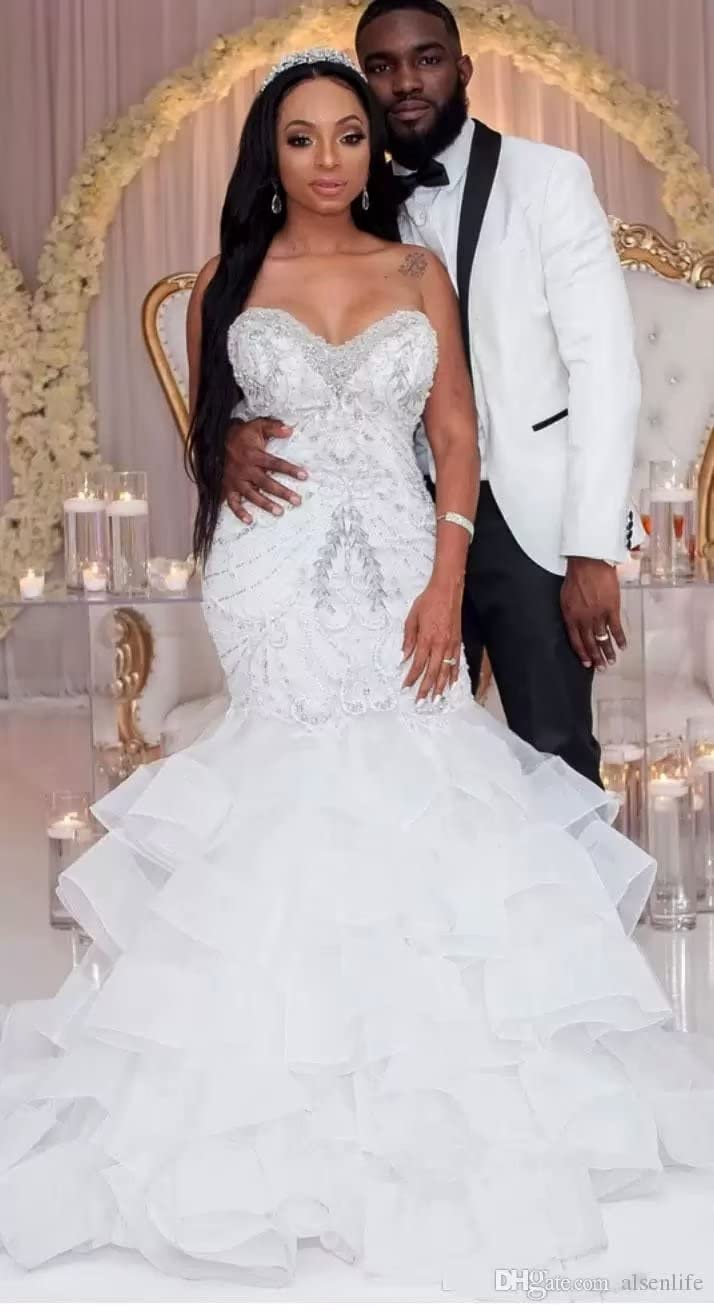 Elegant Mermaid Wedding Dress for Bride - White Beaded Organza Tulle Gown with Sweetheart Neckline & Ruffles | Perfect for Beach, Church, and Formal Wedding Ceremonies