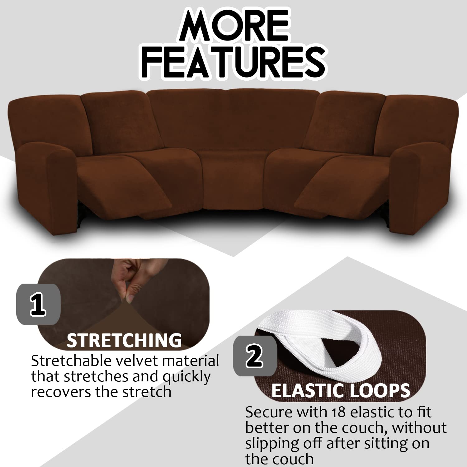 ULTICOR 7-Piece L-Shaped Sectional Sofa Cover - Velvet Stretch Reclining Couch Covers for 5-Seat Sofa, Thick Soft Washable Fabric (Chocolate Brown) - Perfect for Living Room, Home Theater & Family Gatherings