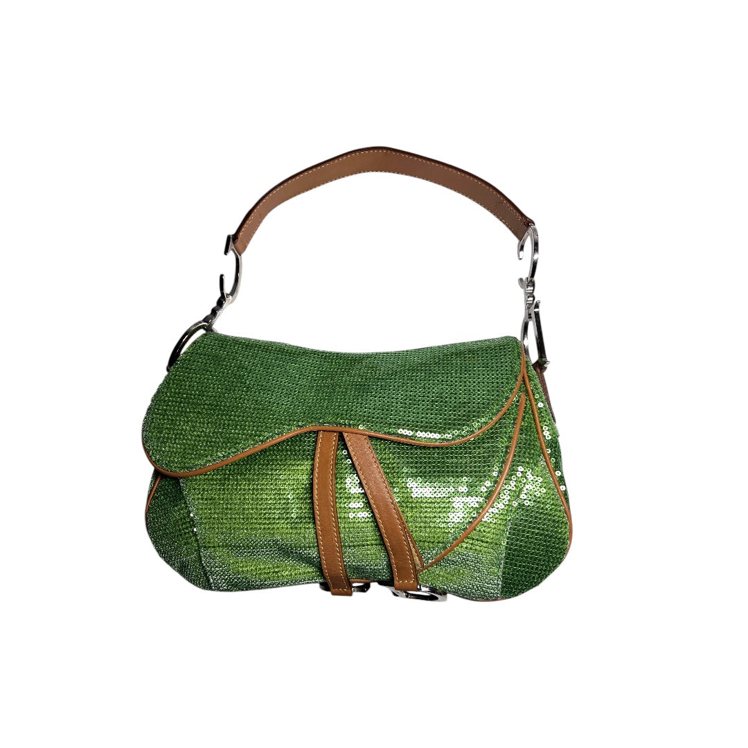 Authentic Dior Green Sequin Double Saddle Bag - Vintage Luxury Handbag for Women | Perfect for Evening Parties, Weddings & Special Occasions
