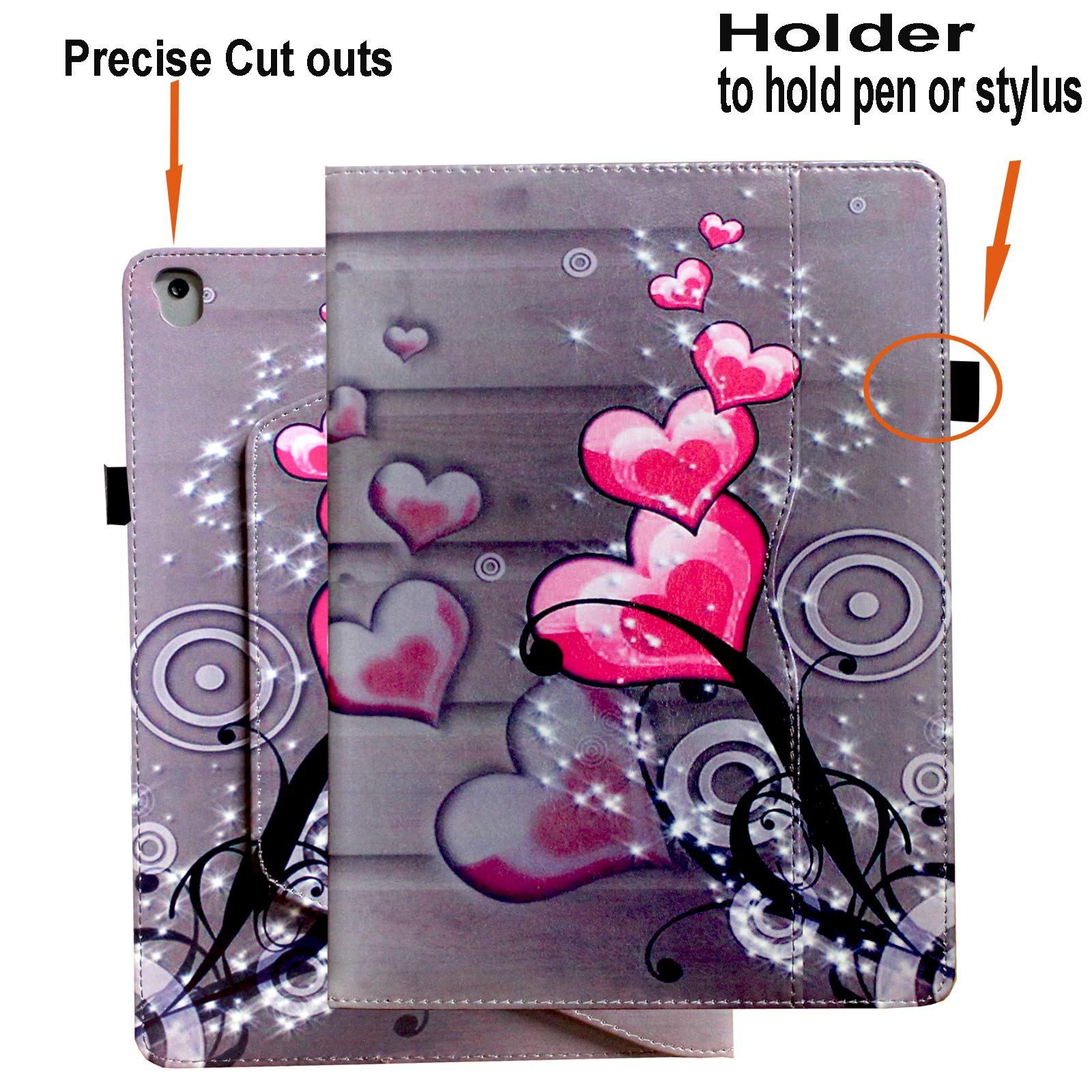 Premium 360° Rotating Smart Cover Case for iPad 9.7 (2018 6th Gen/2017 5th Gen) & iPad Air 1/2 - Multi-Angle Stand with Auto Wake/Sleep, Storage Pocket & Pencil Holder (Heart Flower Design) - Perfect for Work, Study & Entertainment