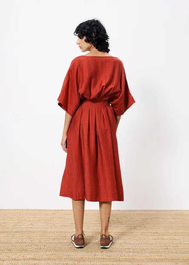 Nickie Women's Midi Dress in Rust Color - Elegant Flowy A-Line Summer Dress for Casual Outings, Date Nights & Office Wear