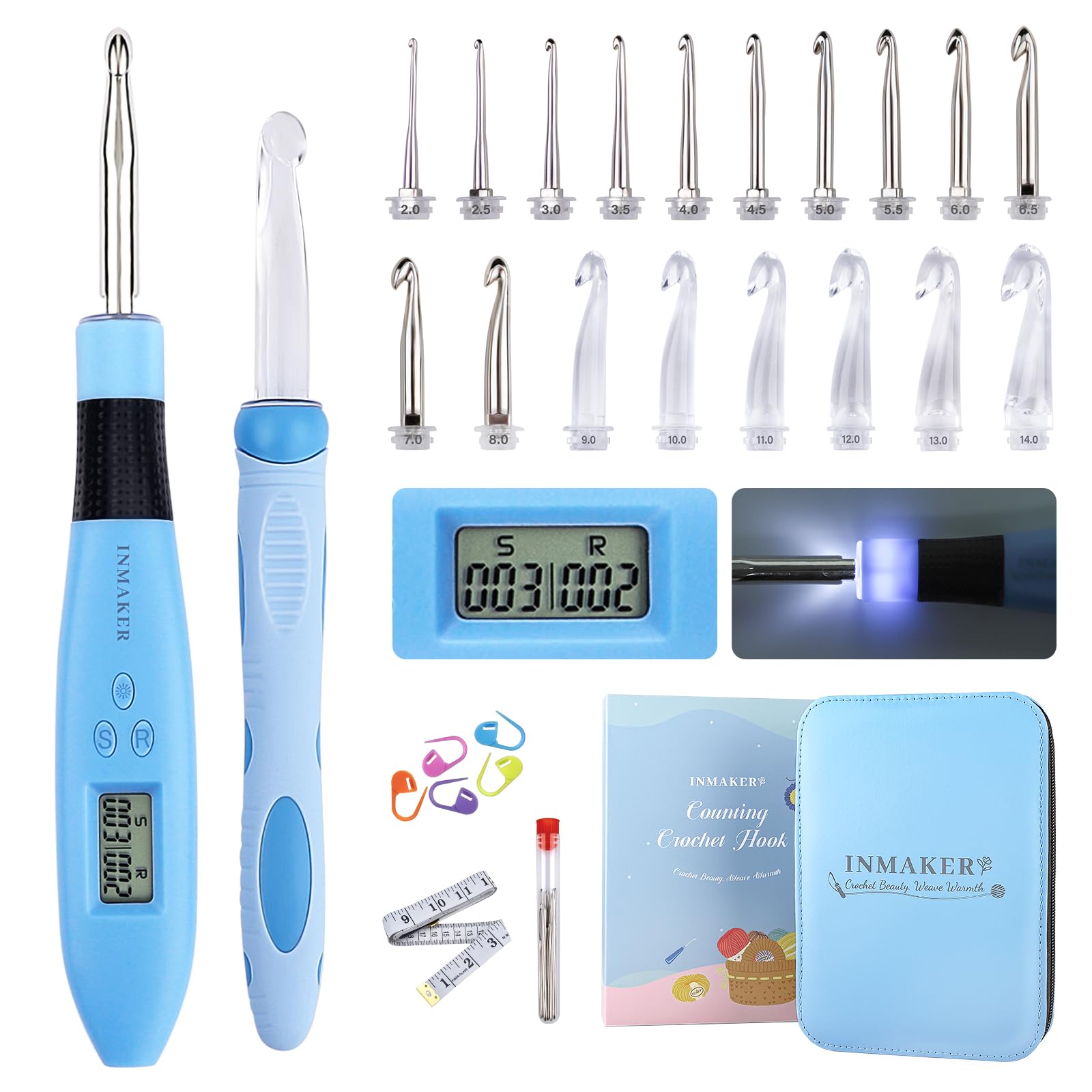 INMAKER Lighted Crochet Hooks Set - Ergonomic Soft Grip with Digital Counting & Storage Case - Glow in the Dark Crochet Needles for Night Knitting & Crafting (Non-Automatic Counting)
