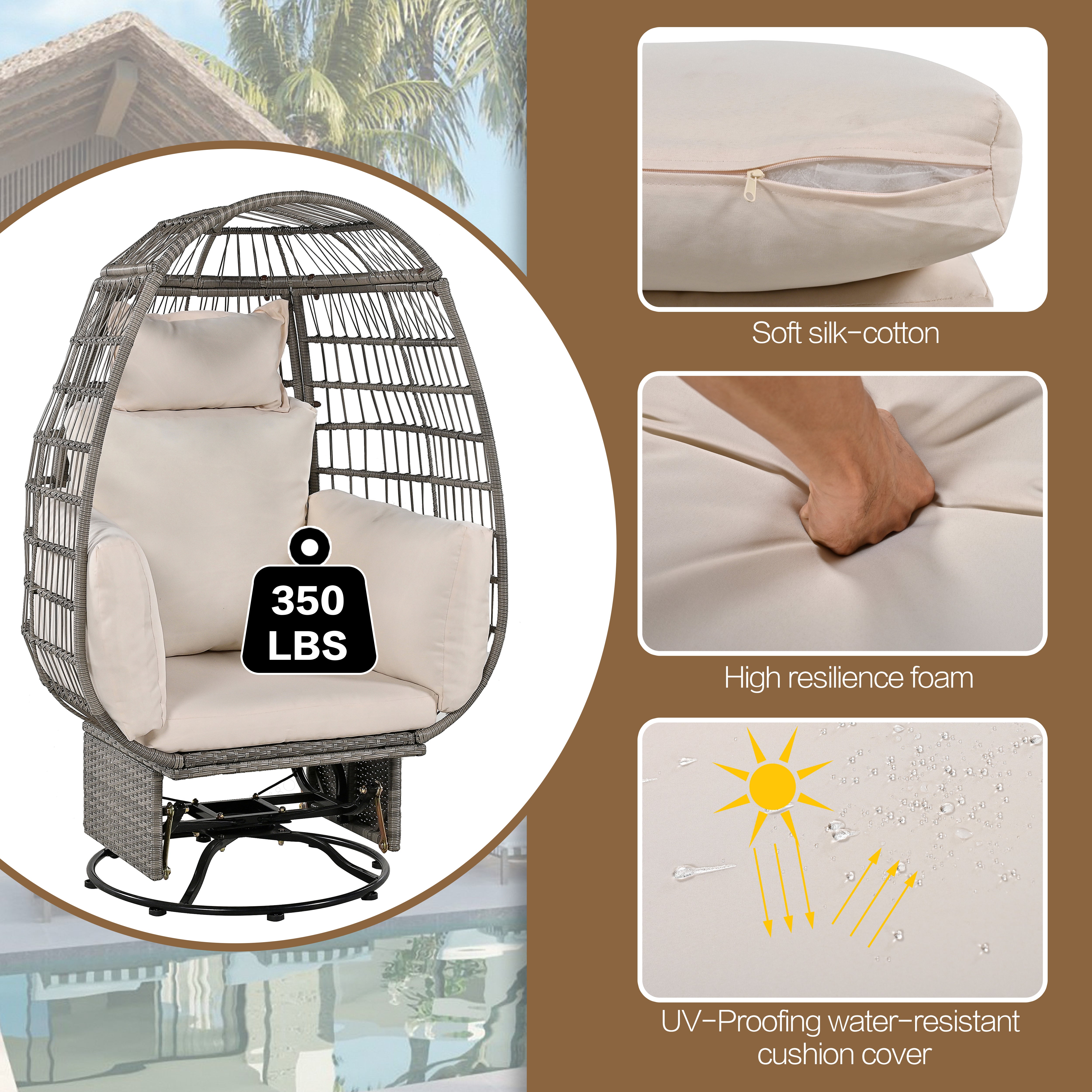 Outdoor Swivel Rocking Chair with Cushions - Rattan Egg Patio Chair for Balcony, Poolside, Garden - Perfect for Relaxing, Lounging & Sunbathing
