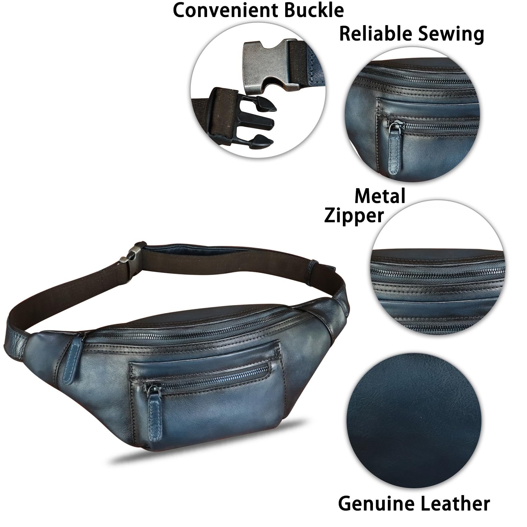 Vintage Genuine Leather Fanny Pack for Men & Women - Handmade Leather Waist Bag, Sling Backpack, Crossbody Purse (Blue) | Perfect for Travel, Hiking, Festivals & Everyday Use