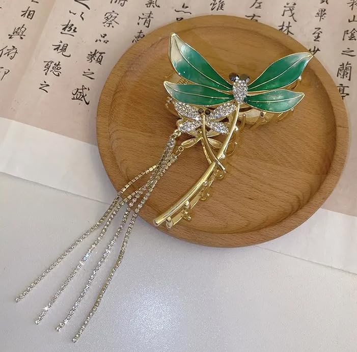 Ginoya Brothers Metal Headdress Hair Clips - Large Flower Tassel Claw Clip Super Flash Non-Slip Hairpin for Women (Green Dali) | Perfect for Boho Fashion, Weddings & Festival Accessories