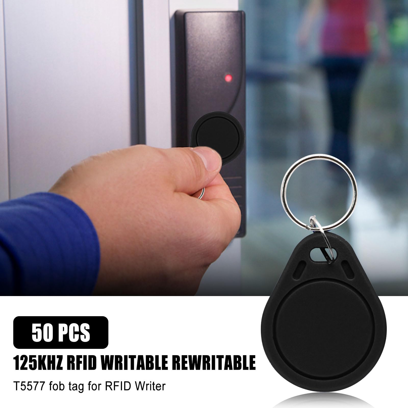 50Pcs 125kHz RFID Writable Rewritable T5577 Fob Tag - Key Fob Proximity ID Card Token for RFID Writer (Black) | Access Control, Security Systems, Time Attendance Tracking