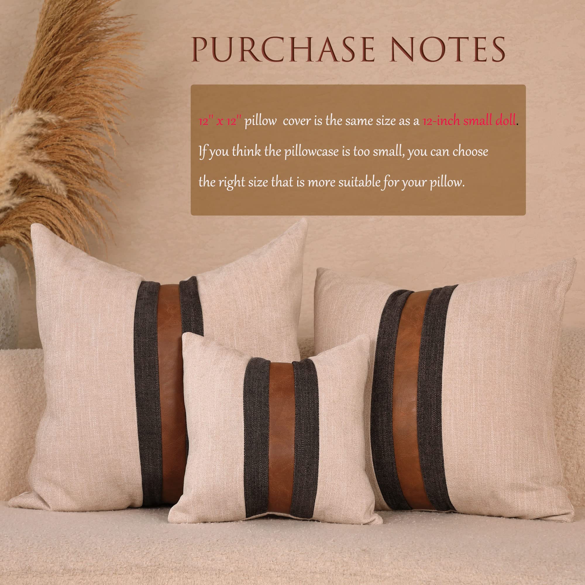 BOYSUM 12x12 Inch Faux Leather Farmhouse Decorative Throw Pillow Covers - Brown Beige Accent Pillow Case for Couch, Sofa, Bed - Modern Farmhouse Decor for Living Room, Patio & Outdoor Use