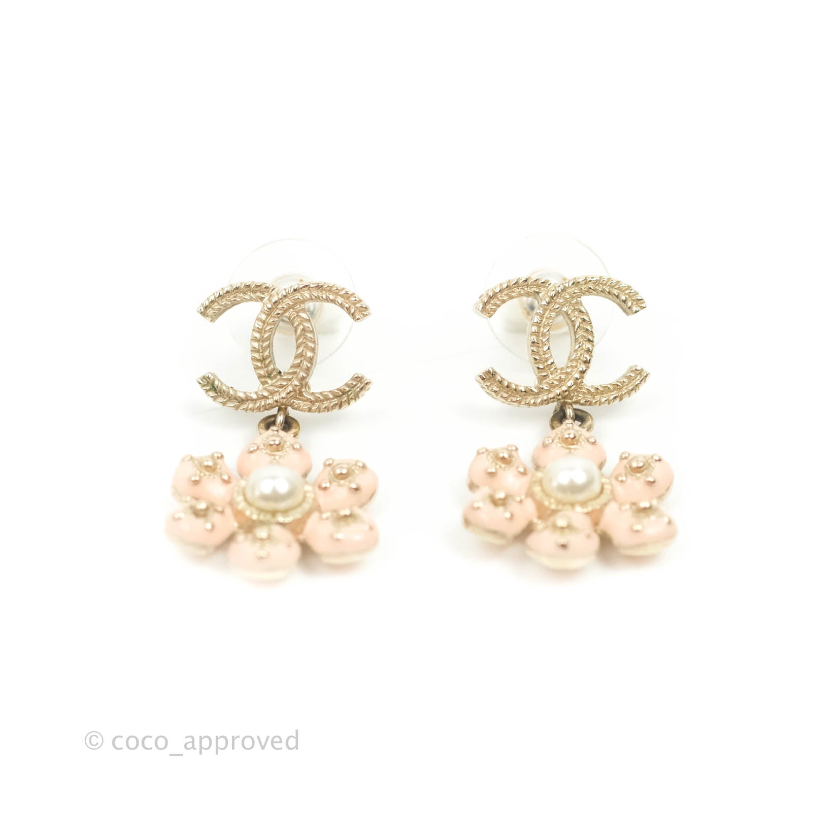 Chanel CC Pearl Flower Drop Earrings - 18K Gold Tone Luxury Jewelry for Women | Perfect for Weddings, Parties & Special Occasions