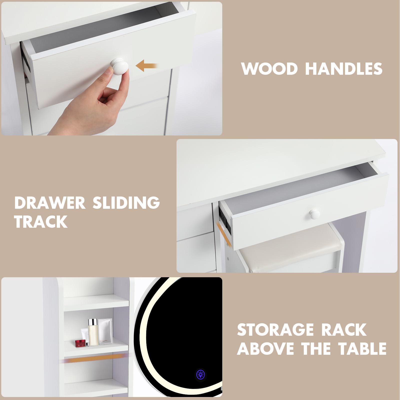 AIMEZO Small Makeup Vanity Desk with Mirror & LED Lights - Adjustable 3 Light Modes & Brightness - Vanity Table Set with Storage Drawer, Chair & 4 Shelves - Perfect for Bedroom, Dressing Room & Home Beauty Station - White