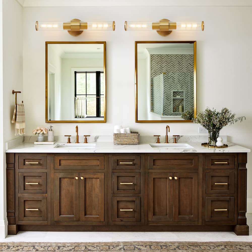 Modern Gold Wall Sconce with Threaded Glass - Bathroom Vanity Light Fixture, Up & Down Lighting for Bathroom, Living Room, Hallway & Kitchen - Elegant Indoor Wall Lighting for Home Decor