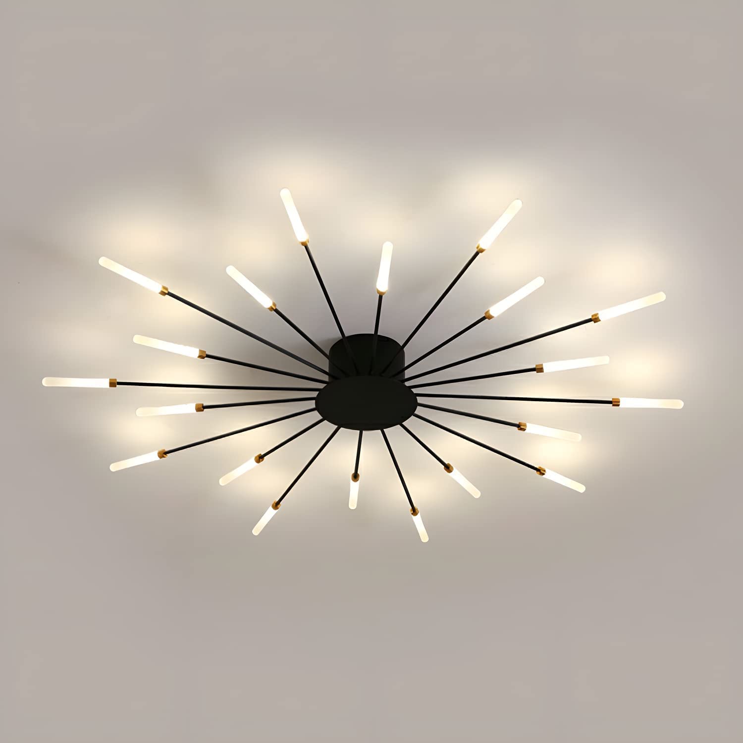 Modern Black Linear Flush Mount LED Ceiling Light - Sputnik Chandelier with Acrylic Starburst Design, 20-Light Spiral Fixture for Living Room, Bedroom or Dining Area - Natural White Light for Ambient & Task Lighting