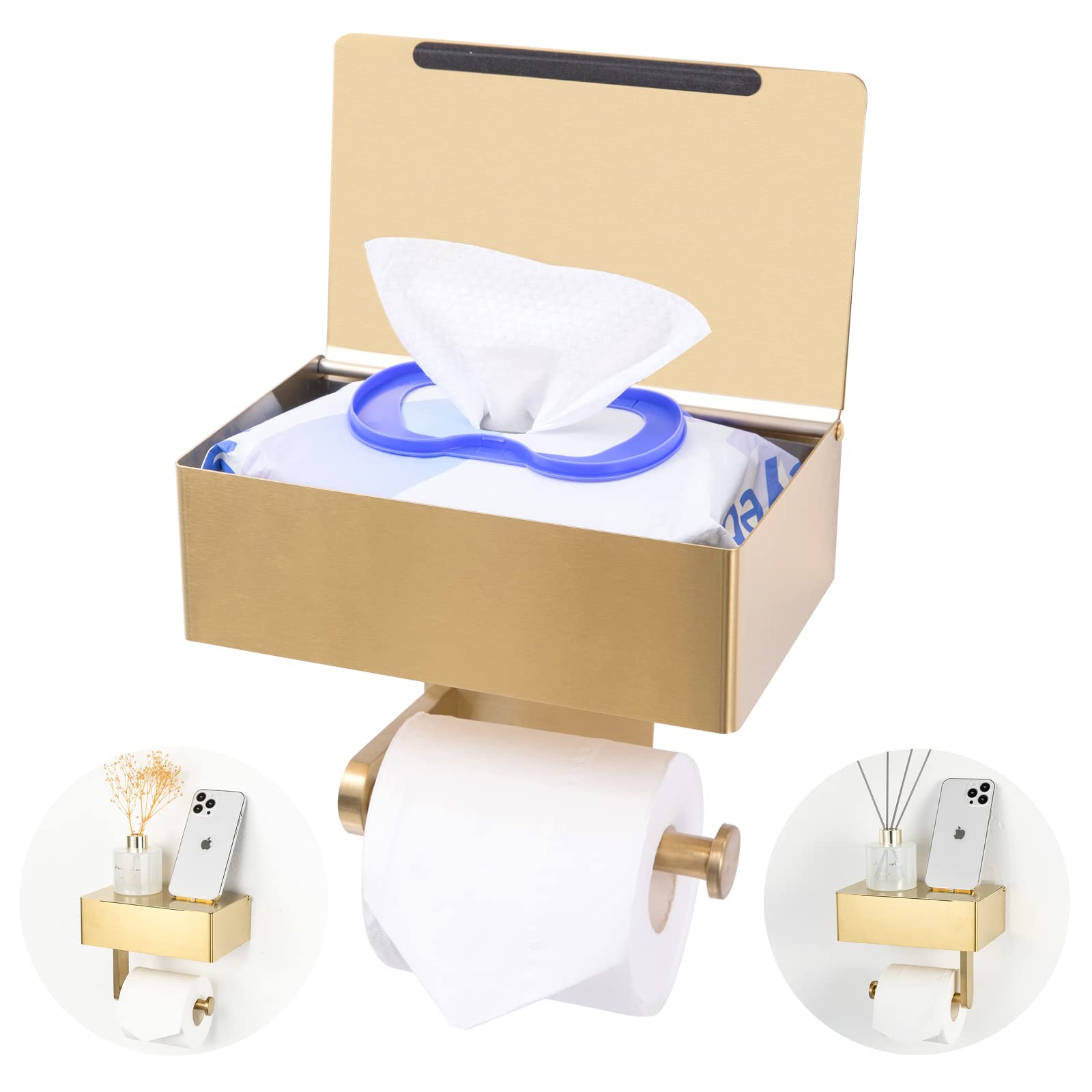 YRONG Wall Mount Toilet Paper Holder with Shelf & Storage - Stainless Steel Bathroom Tissue Roll Holder & Flushable Wipes Dispenser Set - Round Gold Design for Modern Bathrooms, Powder Rooms & RVs