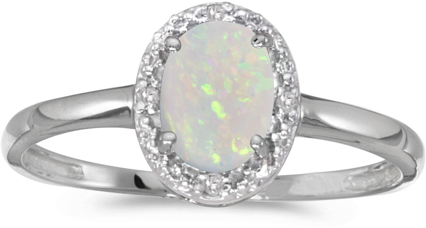 10K White Gold Oval Opal and Diamond Ring for Women – Elegant Birthstone Jewelry Gift for Engagement, Anniversary & Special Occasions
