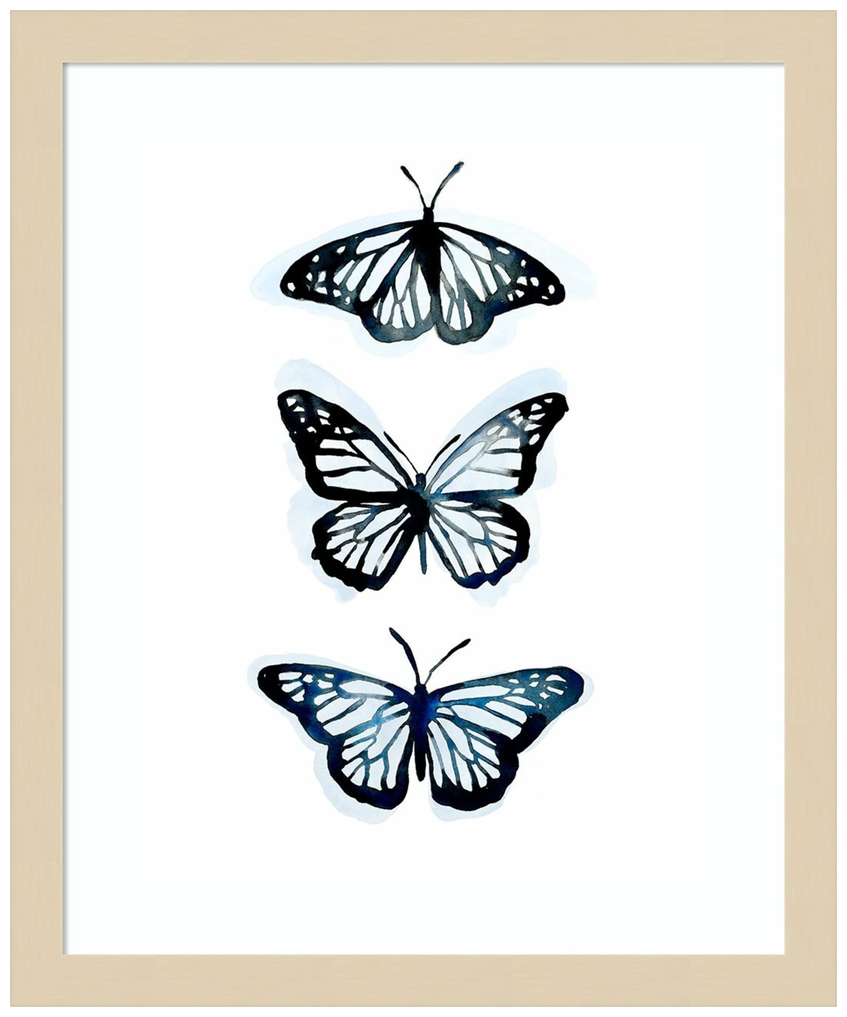 Emma Scarvey Blue Butterfly Trio II Wood Framed Wall Art Print - 14x17 Inches, Natural Svelte Frame - Home & Office Decor, Living Room, Bedroom Wall Art