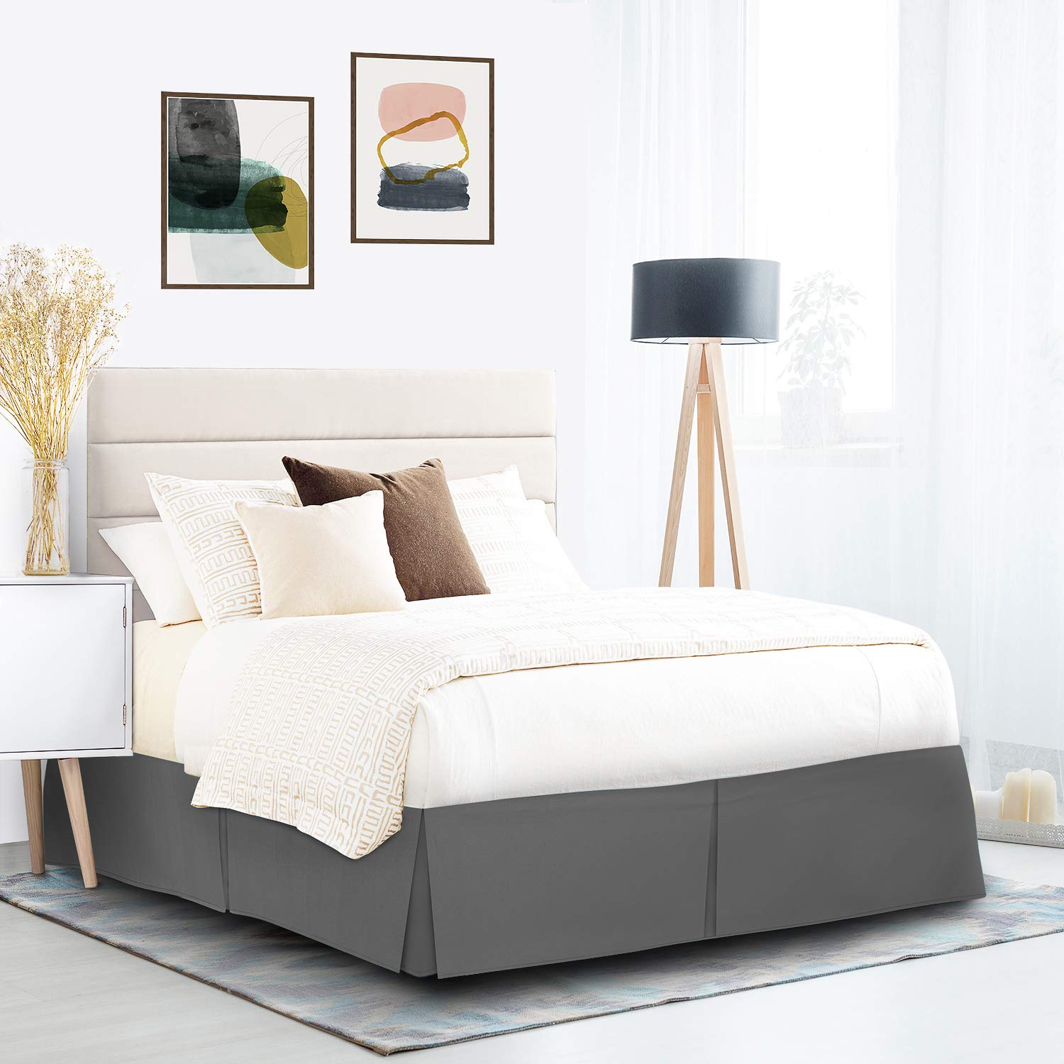 600 Thread Count Pure Cotton Pleated Bed Skirt - King Size Split Corner Box Pleated Design with 18 Inch Drop - Dark Grey - Perfect for Luxury Bedrooms & Guest Room Decor