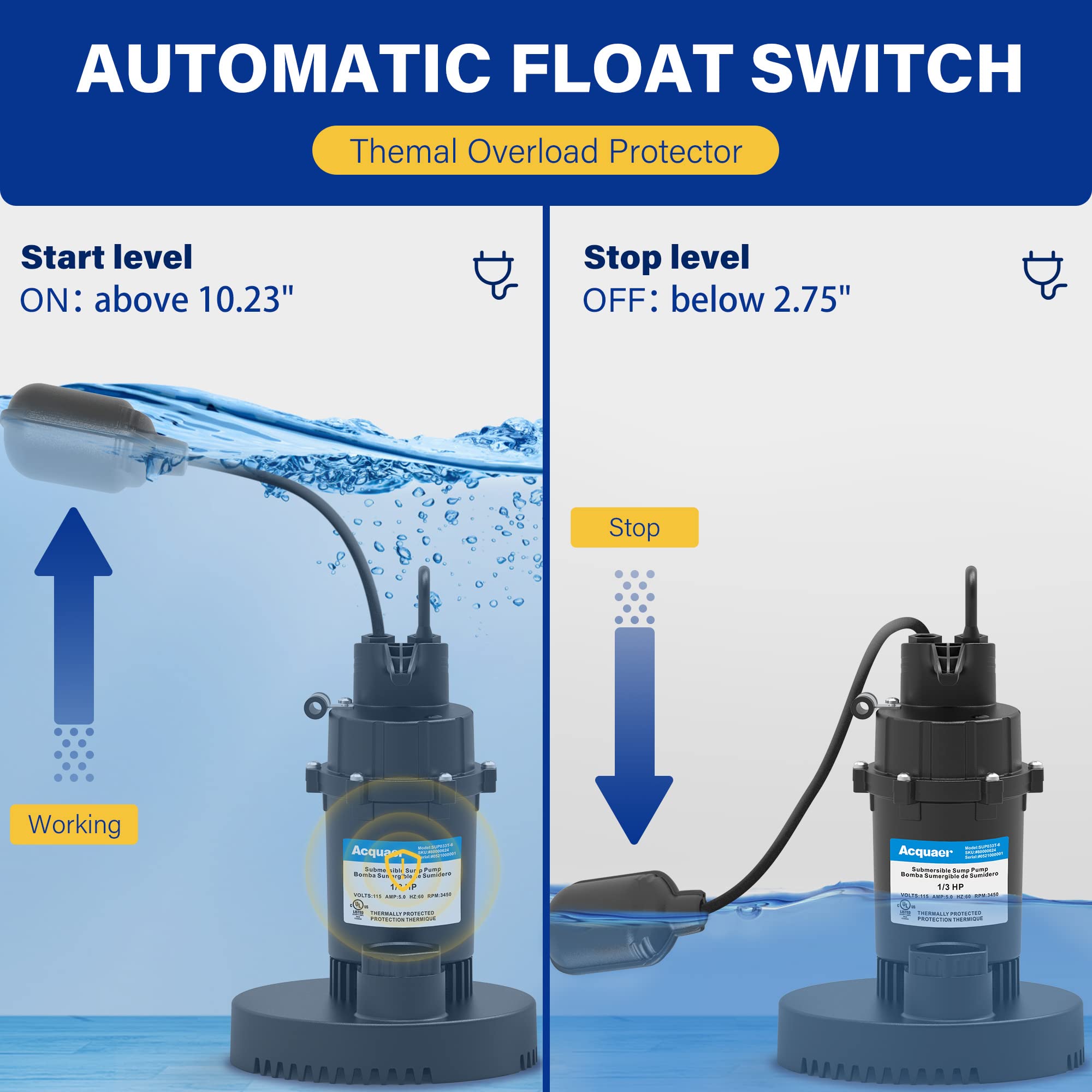 Acquaer 1/3 HP Submersible Sump Pump - 3040 GPH Clean/Dirty Water Pump with Automatic Float Switch & 10ft Power Cord - Ideal for Basement, Pool, Pond, Drain, Flooded Cellar, Aquarium, Irrigation & Emergency Water Removal
