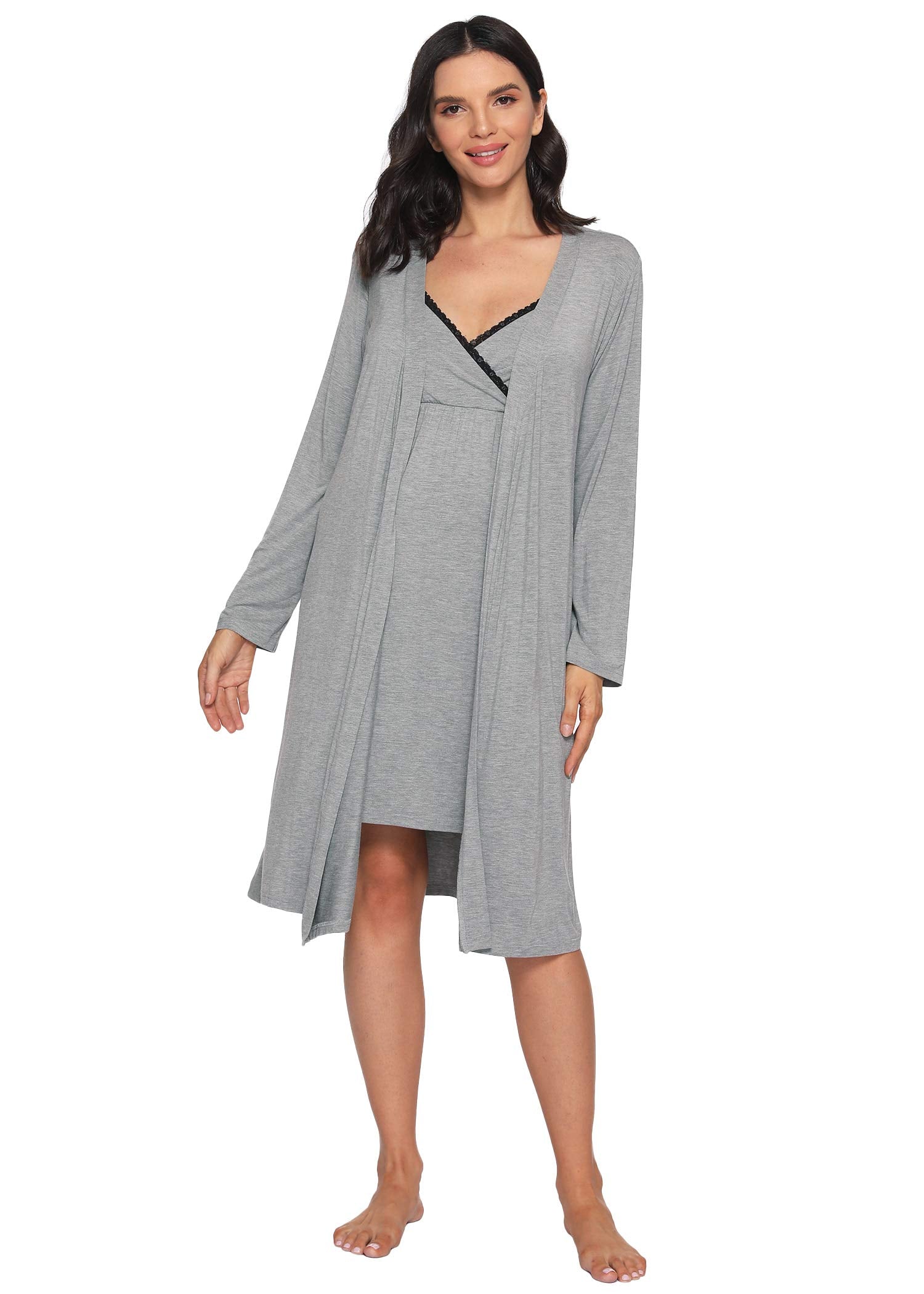 Soft & Comfortable Women's Bamboo Viscose Nursing Nightgown & Robe Set - Breastfeeding Pajamas for New Moms - Perfect for Maternity, Postpartum & Nursing at Home