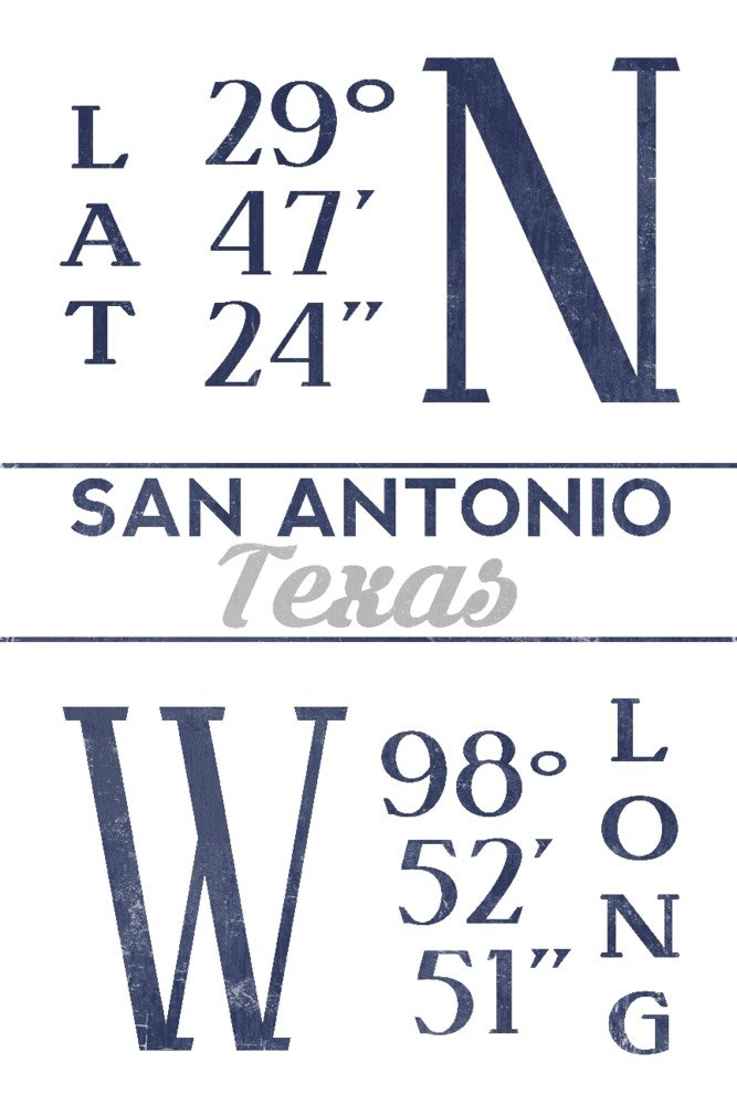 San Antonio Texas Latitude Longitude Blue Art Print - 24x36 Signed Wall Decor Poster - Perfect for Home, Office & Classroom Geography Decor