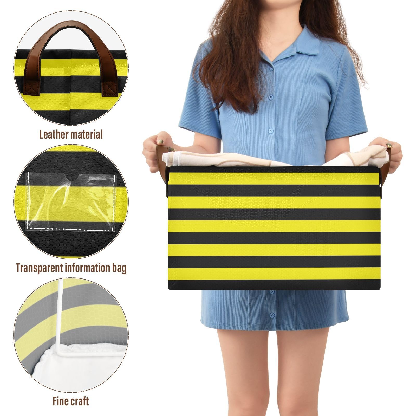 Yellow and Black Stripe Fabric Storage Baskets with Handles - 2 Pack Large Decorative Cube Bins for Closet, Shelf, Dresser Organization | Perfect for Bedroom, Nursery, and Living Room Storage Solutions