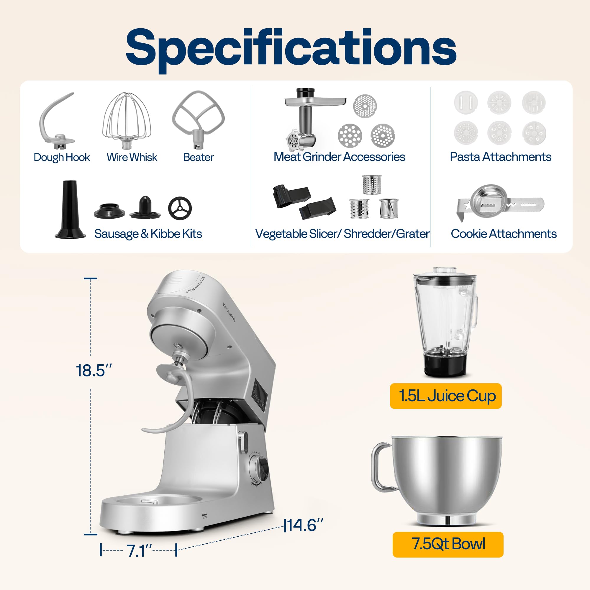 VIVOHOME 9-in-1 Multifunctional Stand Mixer with Fermentation, 6 Speed 7.5 Quart Electric Kitchen Mixer - Includes Meat Grinder, Juice Blender, Vegetable Slicer, Pasta & Cookie Maker (Silver) | Perfect for Baking, Cooking, Meal Prep & Homemade Juices