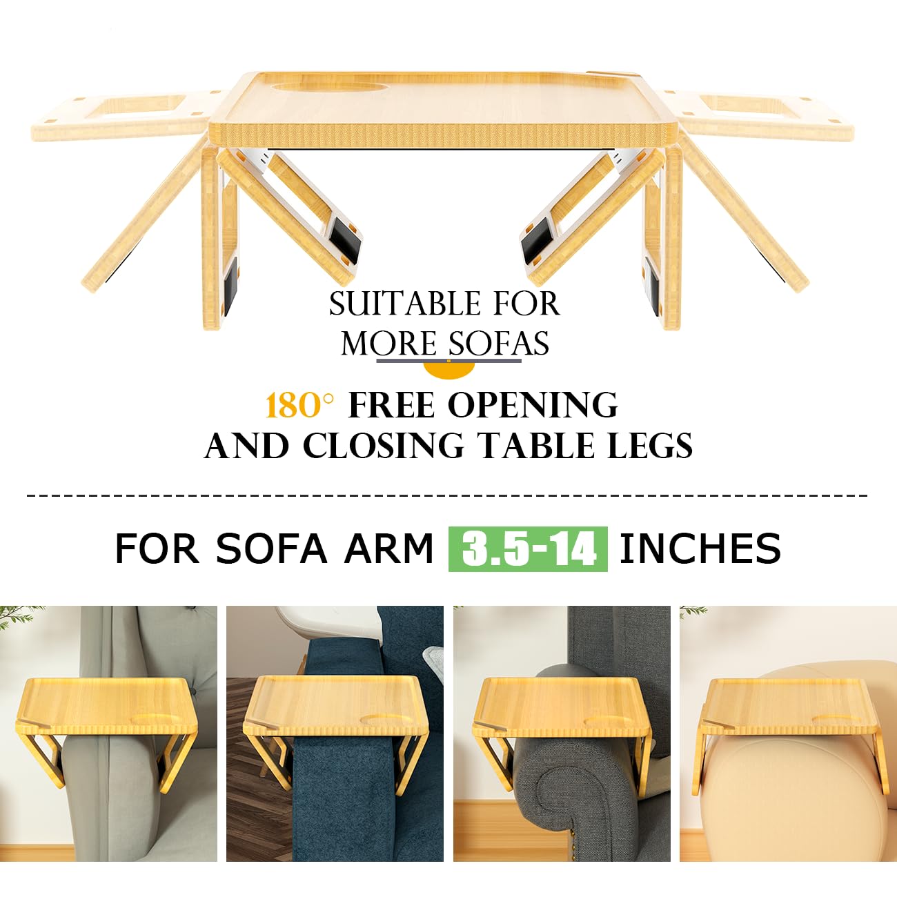 Smatdecis Large Multi-Function Couch Arm Tray Table - Natural Wood Sofa Armrest Clip Table for Drinks, Food & Laptop - Perfect for Home, Office & Bedroom Use While Watching TV or Working