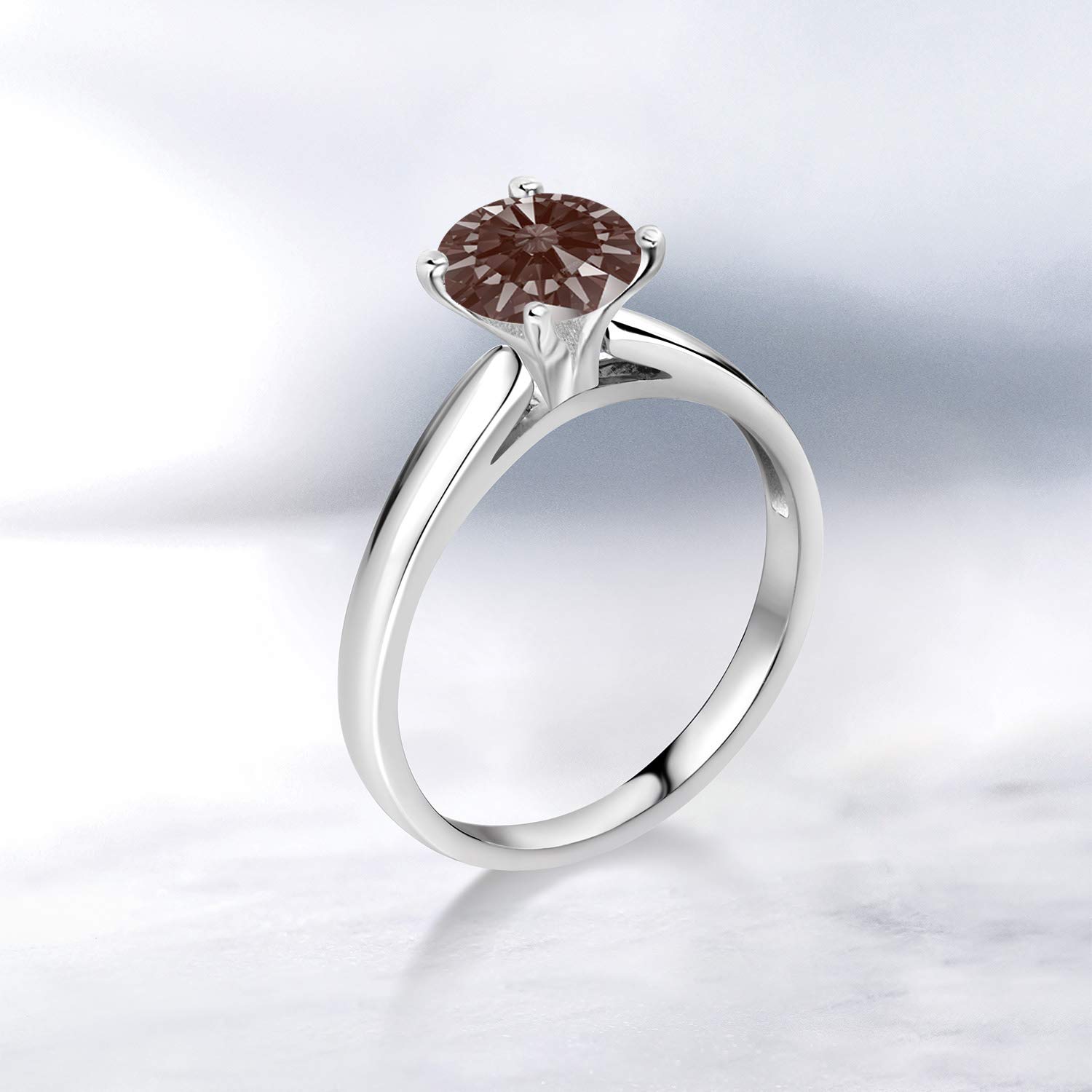 10K White Gold Solitaire Ring Set with 7mm Round Fancy Brown Zirconia - Gem Stone King | Elegant Jewelry for Weddings, Anniversaries & Special Occasions