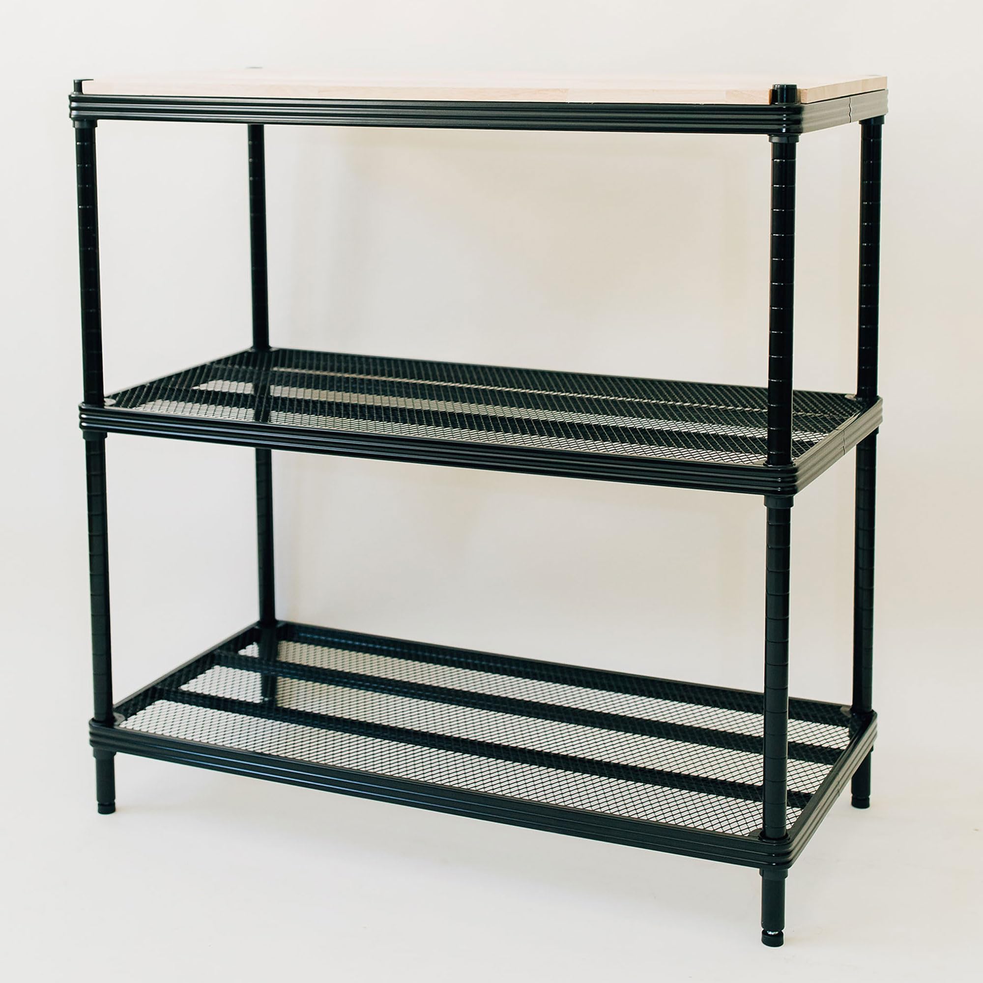 Metal Mesh Shelf Unit with Wood Top - Black Design Ideas MeshWorks Shelving Rack for Workbench & Home Organization | Garage Storage, Workshop Display, Kitchen Pantry Organizer