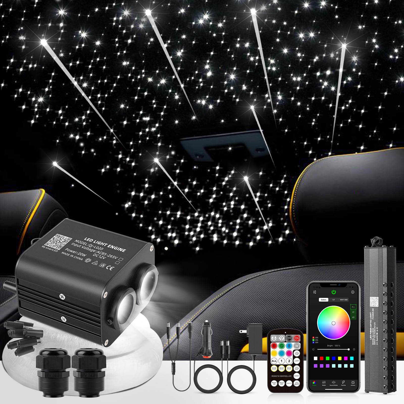 20W Twinkle LED Fiber Optic Lights with Bluetooth APP & Remote Control - 550pcs 0.03in Fiber Cable & Shooting Star Kit for Car Roof & Home Decoration - Perfect for Bedroom, Party, Christmas, and Wedding Decorations