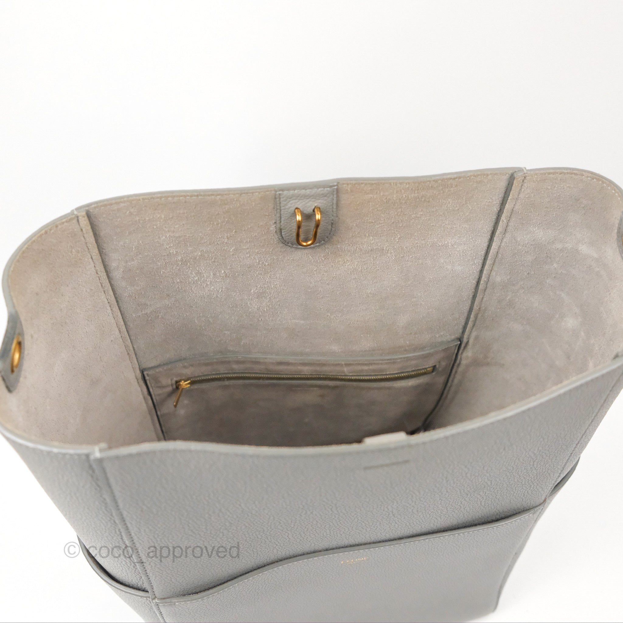 Celine Sangle Bucket Bag in Grey Grained Calfskin Leather - Luxury Crossbody Shoulder Bag for Women, Perfect for Work, Travel & Everyday Use