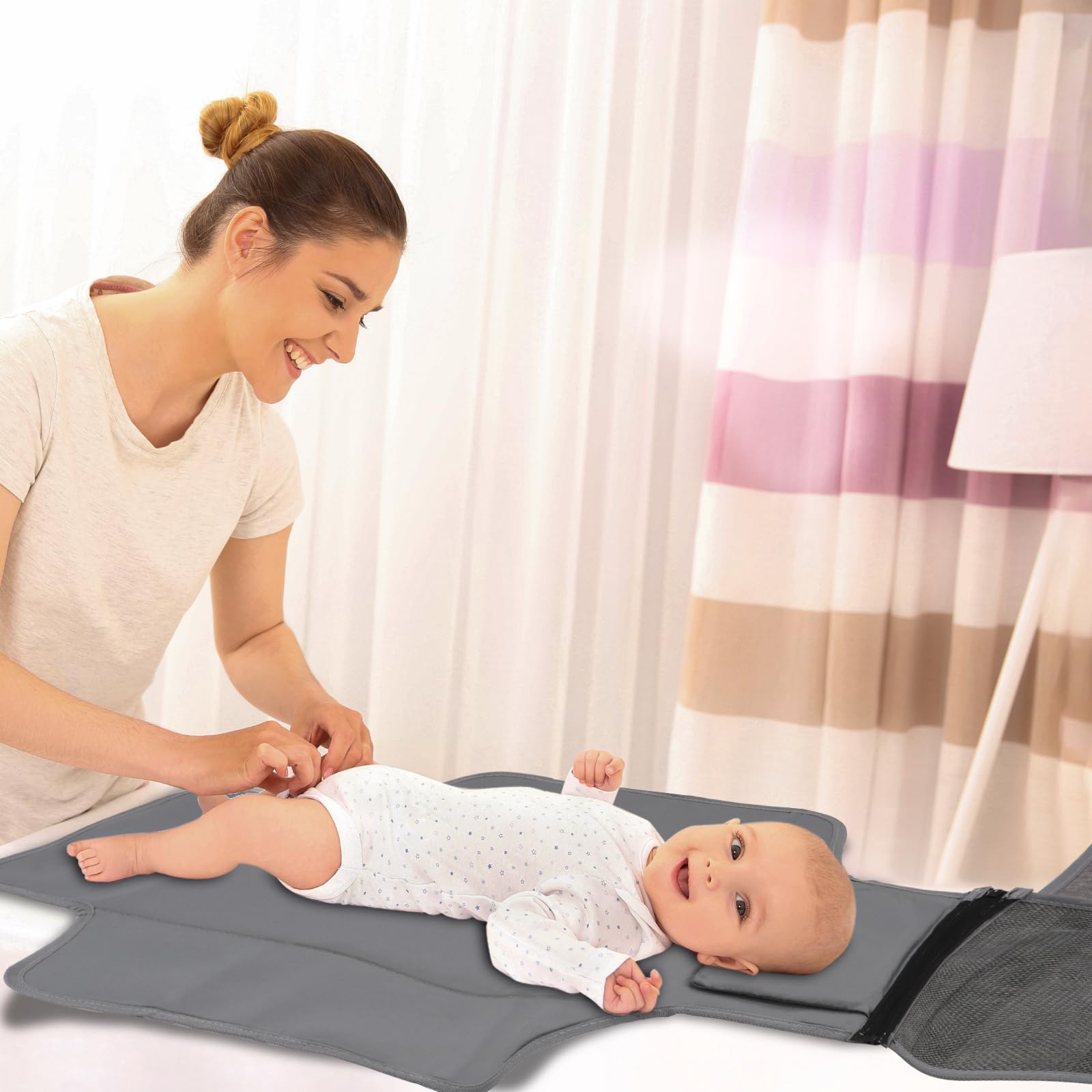 Portable Waterproof Diaper Changing Pad for Newborns & Babies - Travel-Friendly Baby Changing Mat with Smart Wipes Pocket - Ideal Baby Shower Gift for Boys & Girls (Grey) | Perfect for On-the-Go Parents, Travel, Home Nursery & Daycare Use
