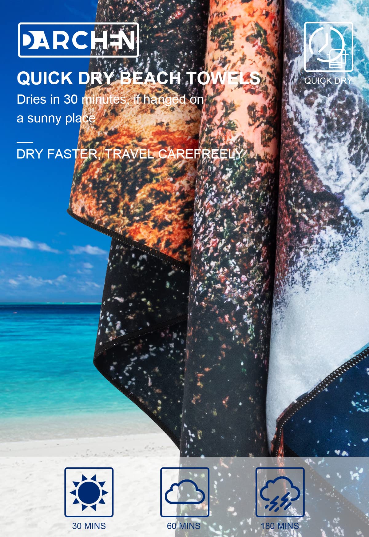**DARCHEN Oversized Microfiber Beach Towel - Quick Dry, Sand-Free, Extra Large (70x35) & Large (63x32) - Lightweight & Compact for Travel, Pool, Beach - Perfect for Adults & Kids [1 or 4 Pack]**