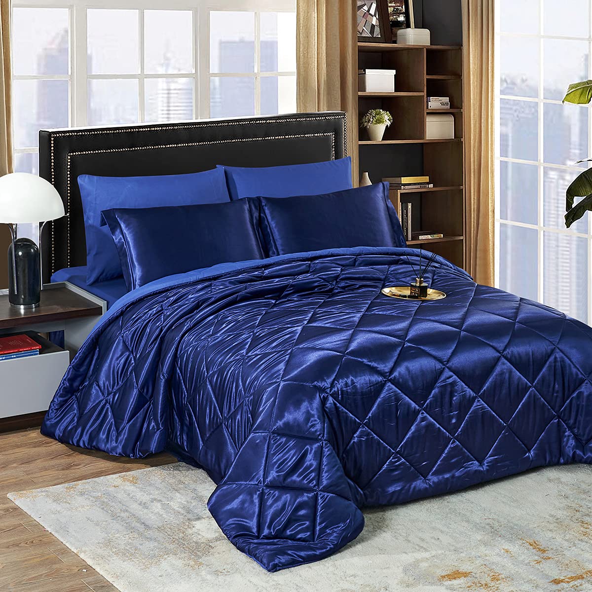 Luxury 8-Piece Satin Queen Comforter Set - Silky Soft Bedding Set with Comforter, Sheets, 2 Pillowcases, 2 Shams & Bed Skirt - Navy Blue - Perfect for Master Bedroom, Guest Room & Hotel Decor
