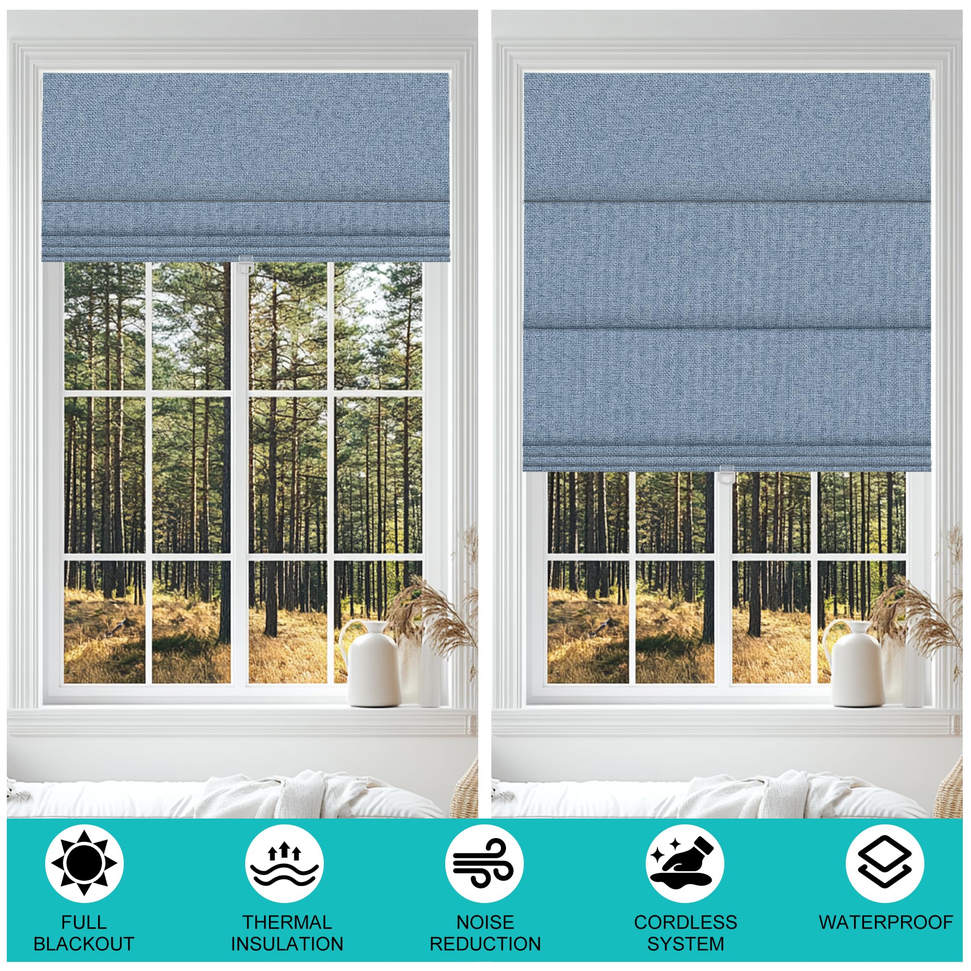 BERISSA No Drill Cordless Blackout Roman Shades - Easy Install Room Darkening Roll Up Window Blinds for Inside Mount | Custom Size Jacquard Blue Fabric | Perfect for Bedrooms, Nurseries & Home Theater Light Control