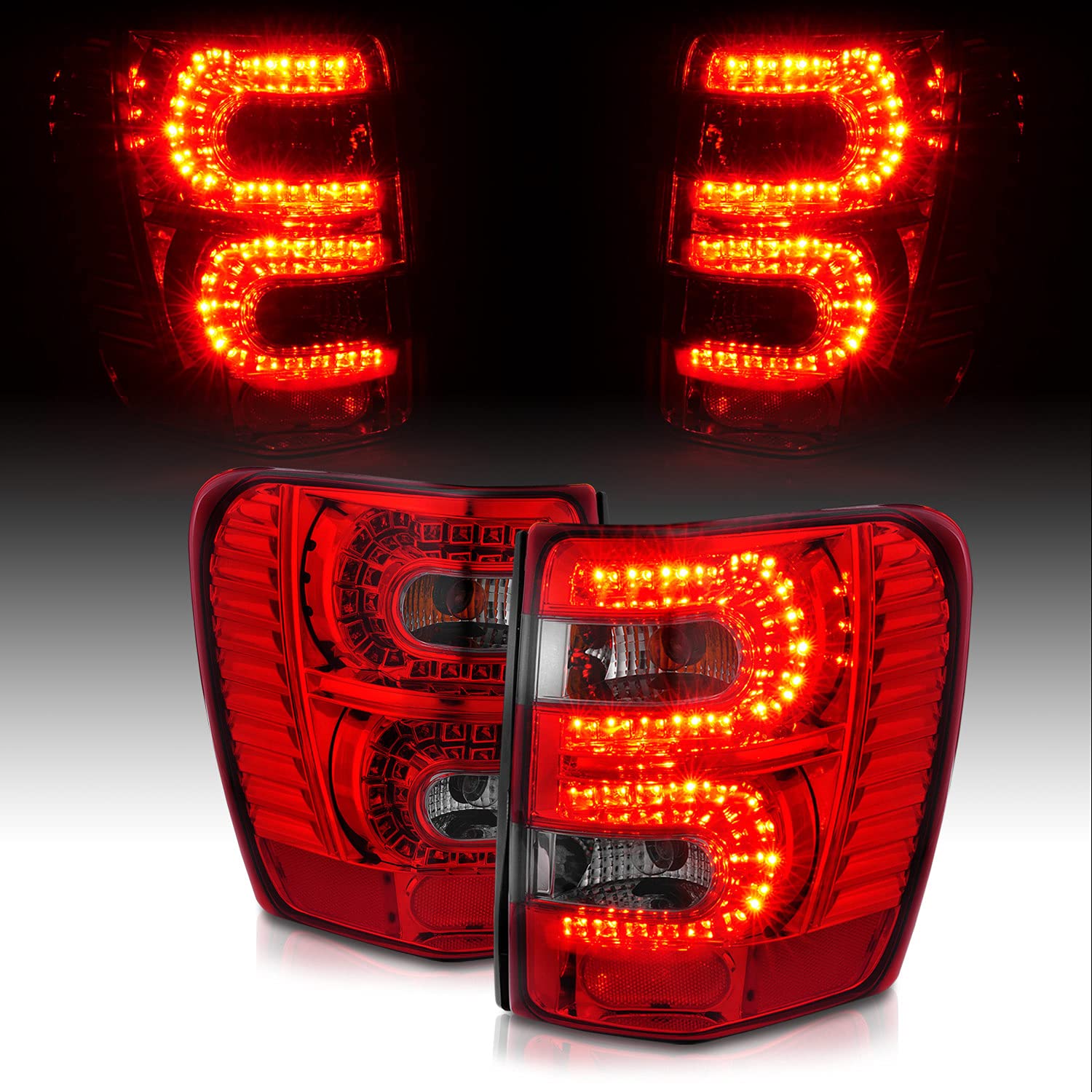 AmeriLite LED Tail Lights Assembly for 1999-2004 Jeep Grand Cherokee - Left & Right Side (Red/Smoke) - Durable & Bright Replacement Lights for Enhanced Night Driving Safety