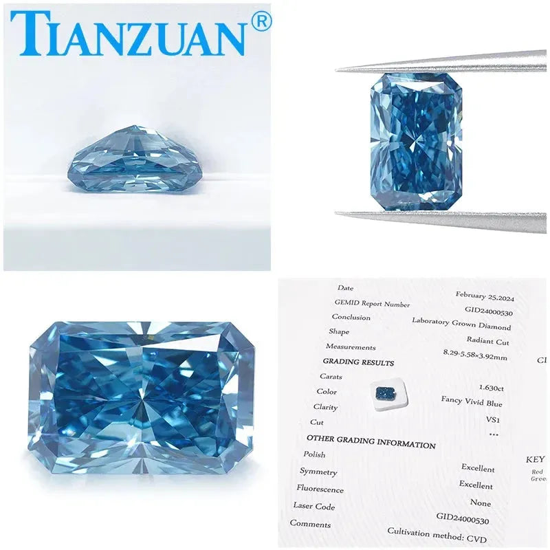 Radiant Cut Lab Grown CVD Diamond - Fancy Vivid Blue VVS1/VS2 3EX Certified Loose Gemstone | Engagement Rings, Wedding Bands & Fine Jewelry Making