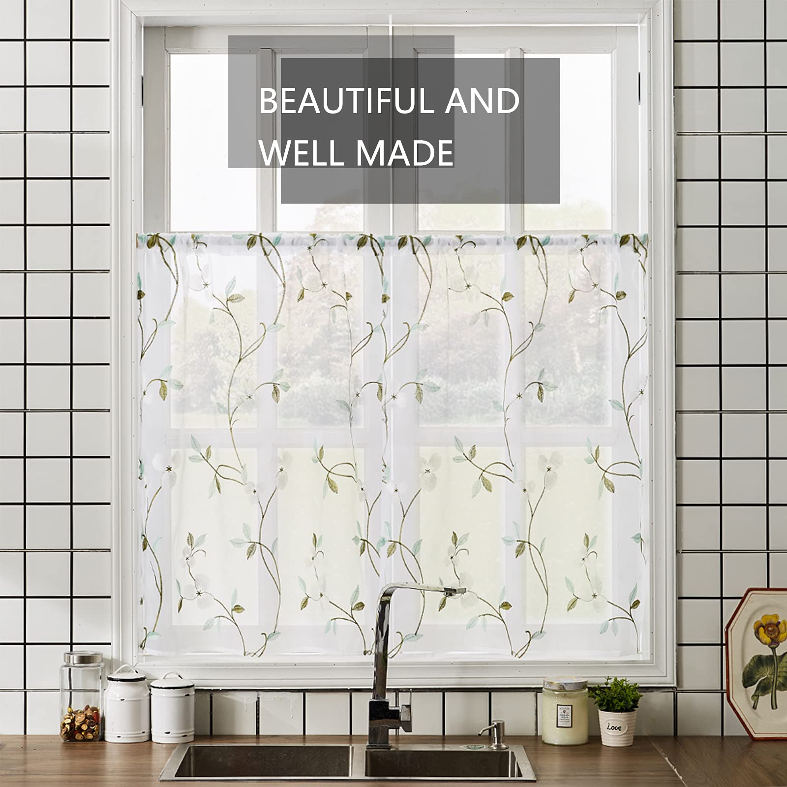 MRTREES Voile Sheer Tier Curtains - Floral Embroidered Kitchen Cafe Curtains with Rod Pocket, 30x24 Inches (2 Panels, White) - Perfect for Bathroom, Bedroom & Small Half Window Treatments