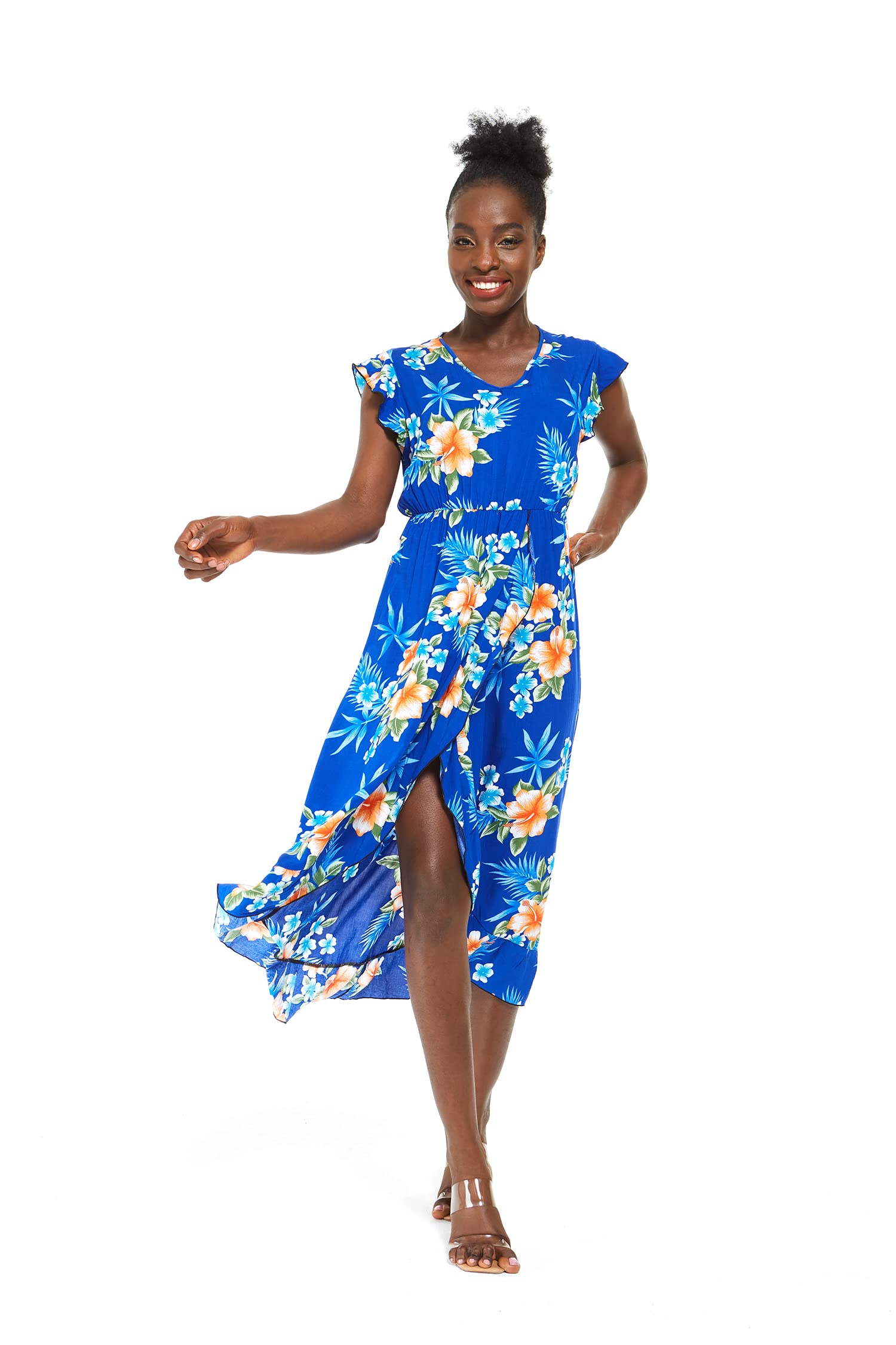 Hawaiian Luau Wrap Ruffle Dress for Women - Floral Hibiscus Vine Print, Beach Party, Summer Vacation, Tropical Outfit for Luau, Poolside, and Resort Wear