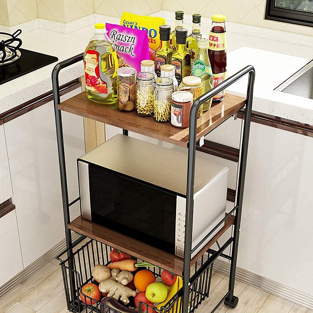 3-Tier Rolling Kitchen Baker’s Rack with Microwave Stand & Storage Drawer | Heavy Duty Wire Shelf Organizer for Spices, Cookware & Small Appliances | Perfect for Small Kitchens, Pantry Organization & Baking Workstations