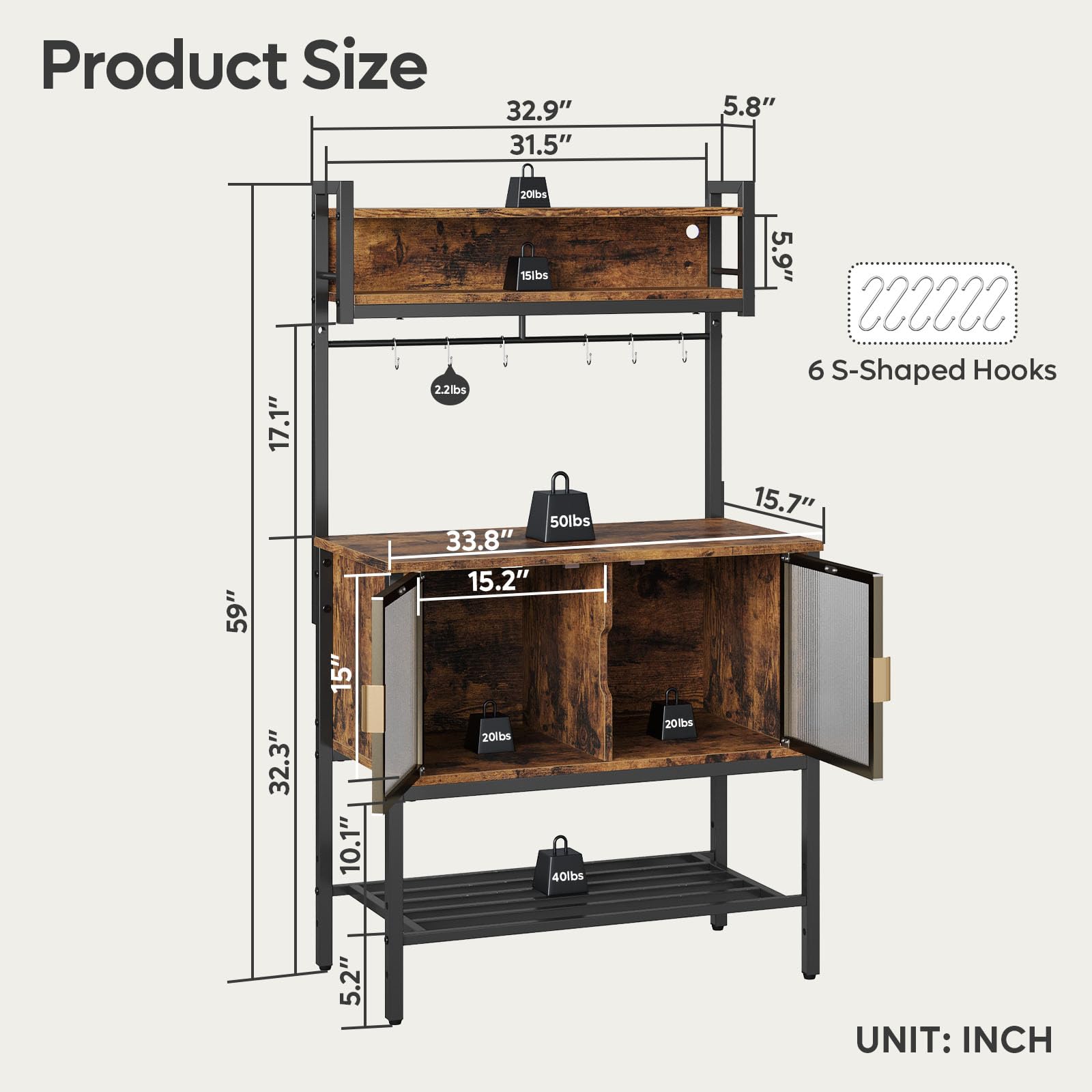 Bestier 5-Tier Coffee Bar with Storage & LED Lights - Rustic Brown Kitchen Bakers Rack with Cabinet, Heavy Duty Microwave Stand - Perfect for Kitchen, Garage, Pantry Organization & Coffee Station Setup