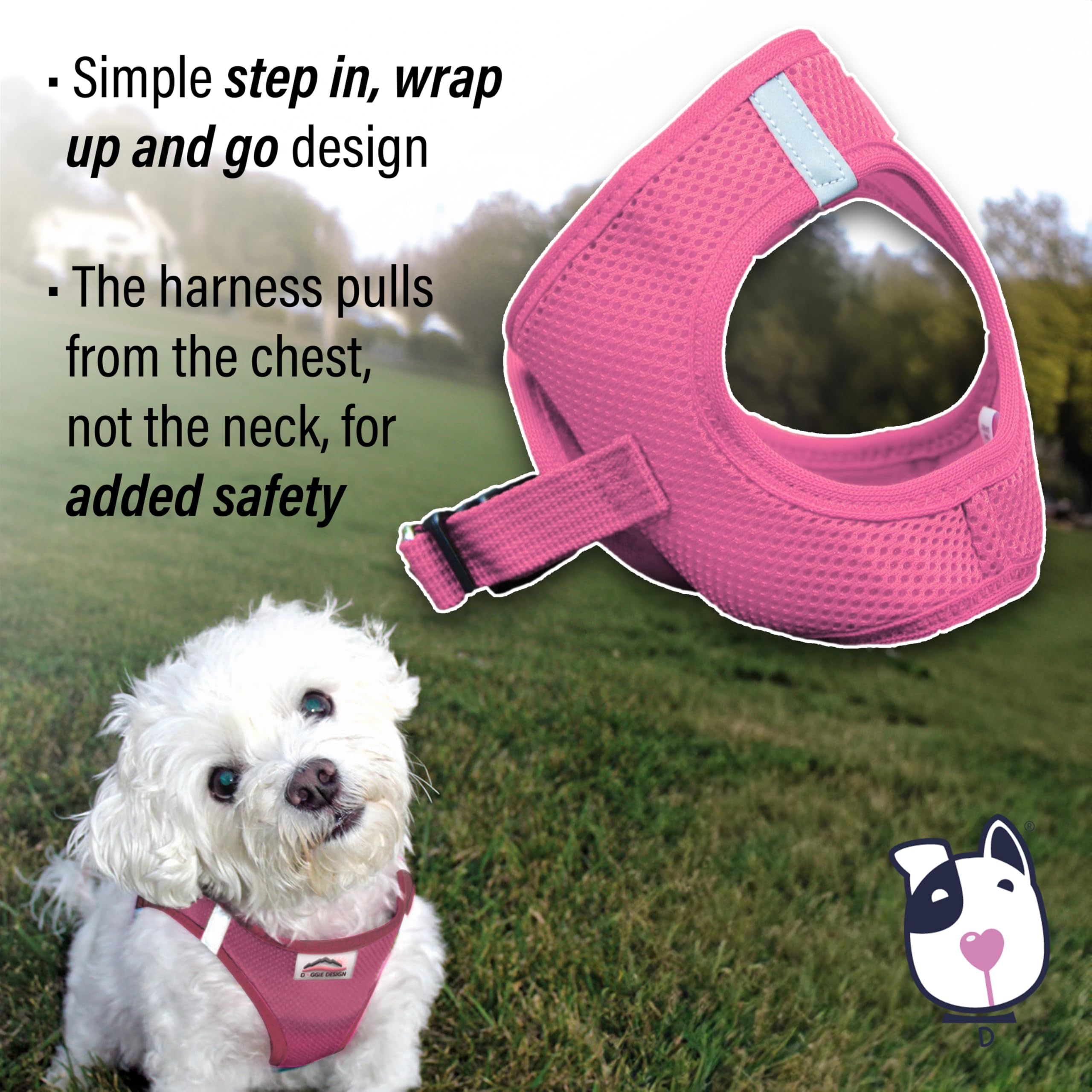 Doggie Design No Choke Dog Harness - Breathable Mesh Polyester Pet Vest, Easy Step-in Design for Small Dogs - XXS Candy Pink | Perfect for Walking, Training & Outdoor Adventures