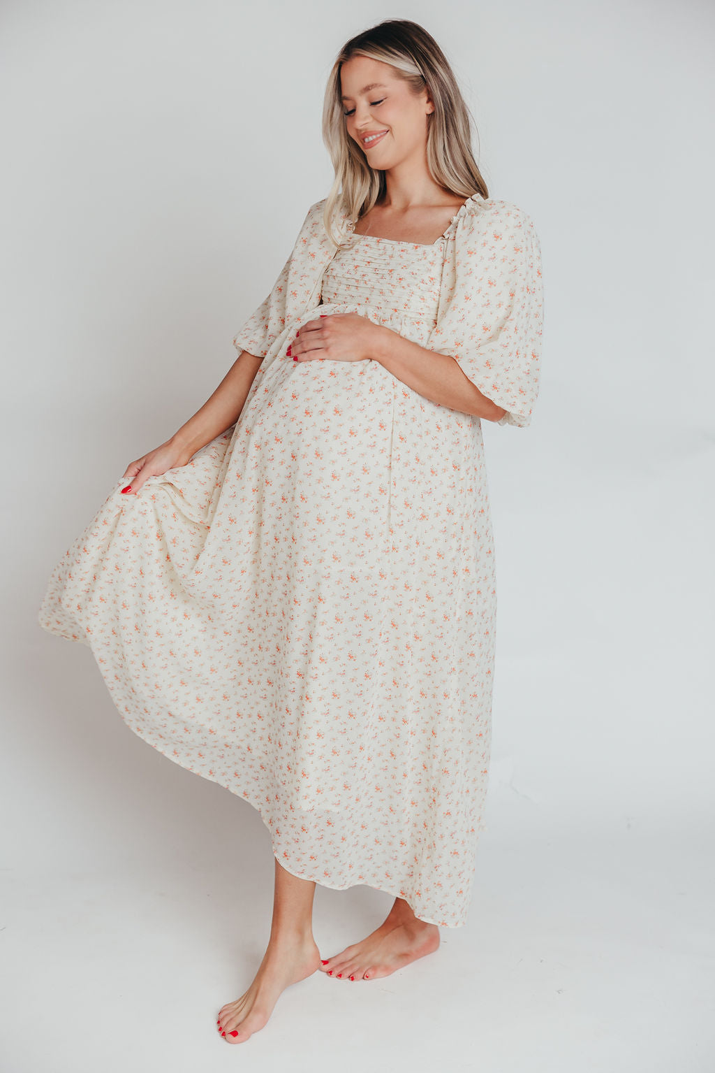 Melody Maxi Dress with Pleats & Bow Detail - Ivory Floral Print, Bump Friendly Maternity Dress, Inclusive Sizing S-3XL | Perfect for Weddings, Baby Showers & Summer Parties