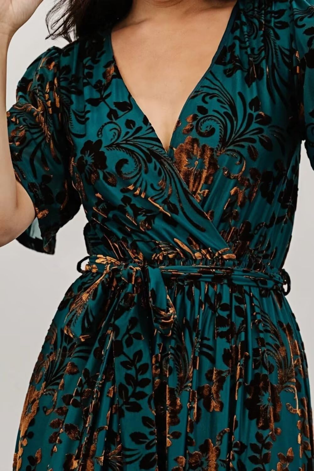 Women's Floral Velvet Wrap Dress - Short Sleeve V-Neck Cocktail & Formal Maxi Dress with Slit | Perfect for Evening Parties, Weddings & Special Occasions