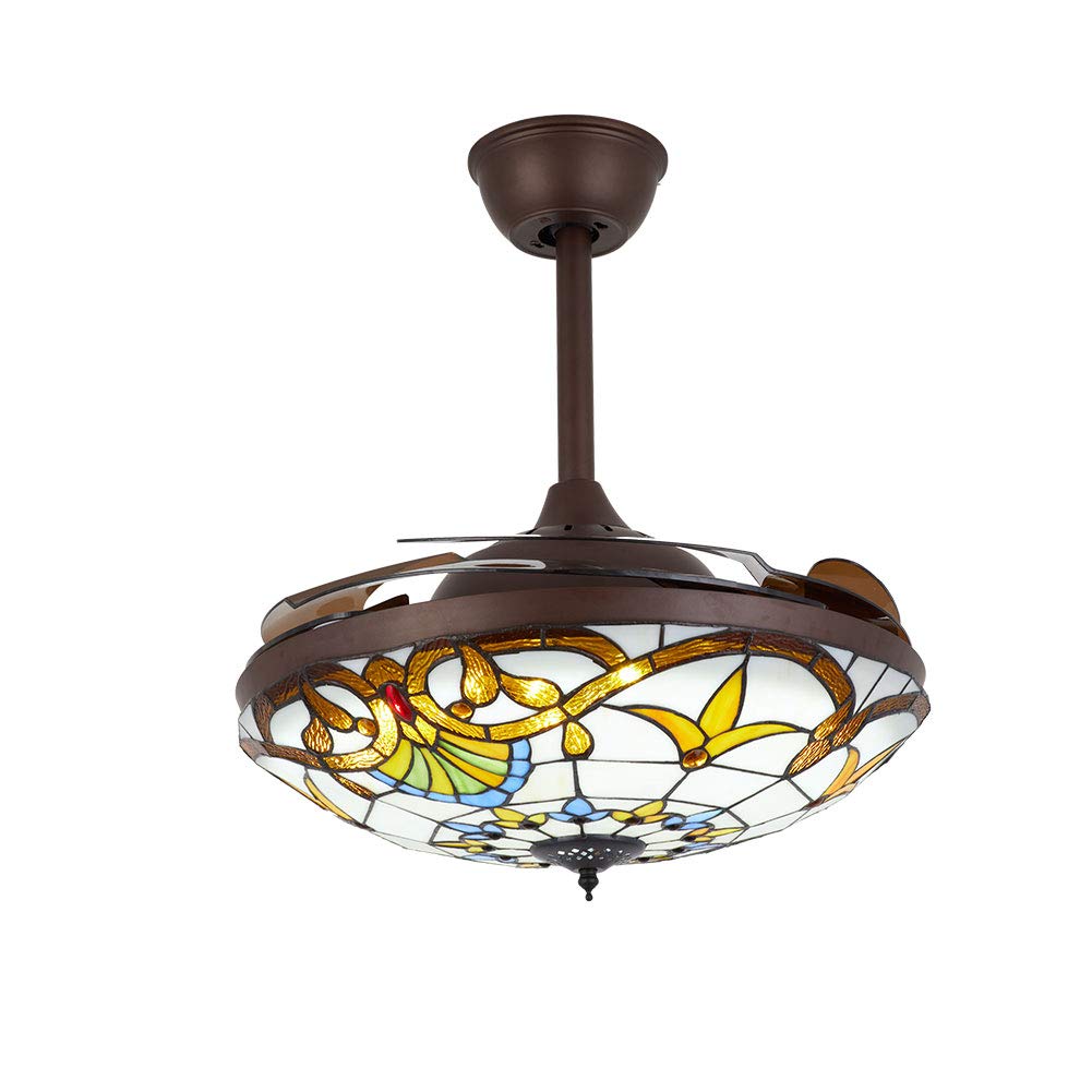 42 Inch Tiffany Style Ceiling Fan with LED Light and Remote Control - 3 Speed Adjustable, Retractable Blades - Perfect for Living Room, Bedroom, and Dining Room