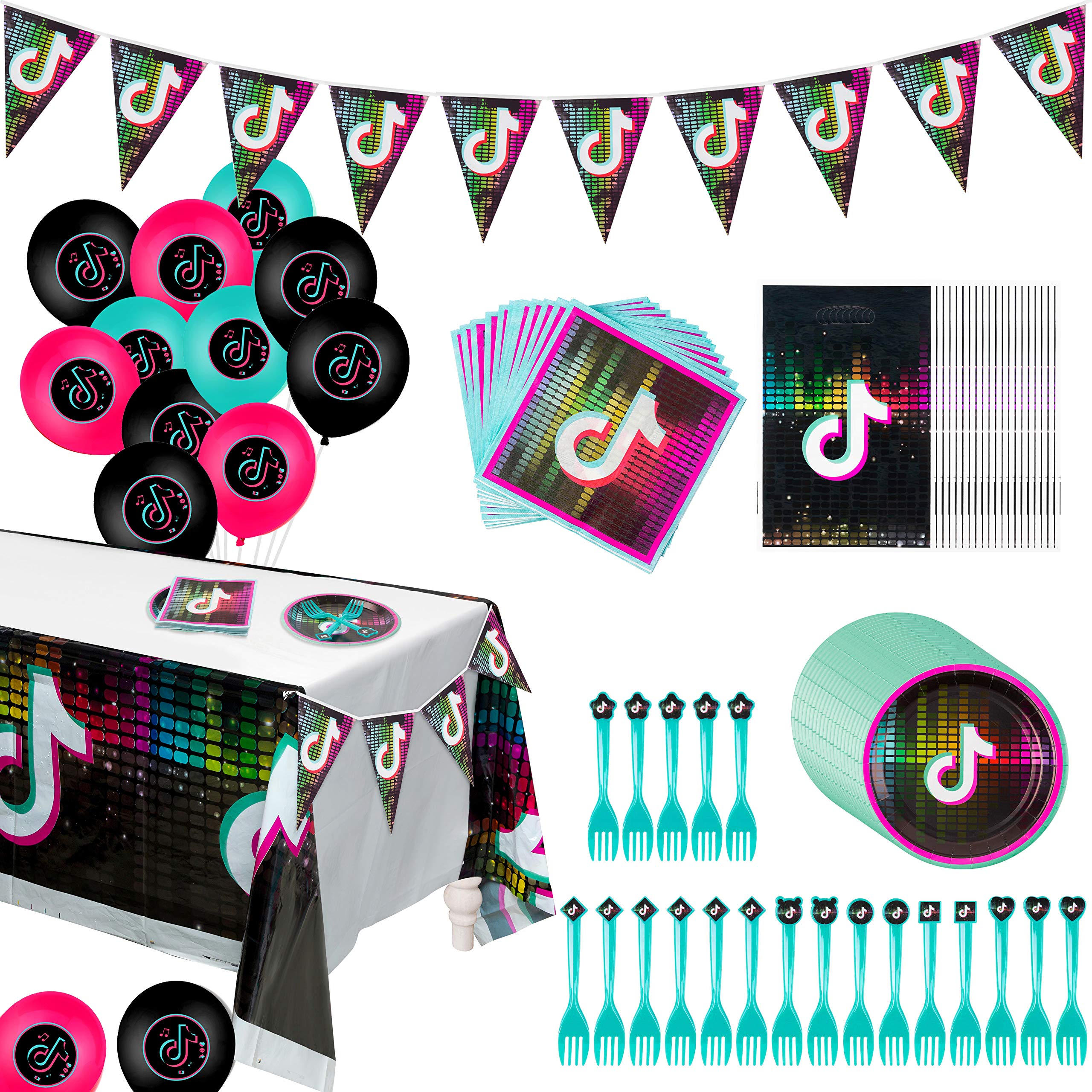 Kubert TikTok Party Supplies for Kids Birthday - 124pcs Party Decoration Set for Boys & Girls (Tablecloth, Cake Dishes, Gift Bags, Balloons, Banner, Forks, Napkins, Ribbon) - Perfect for 20 Guests Birthday Parties & Celebrations