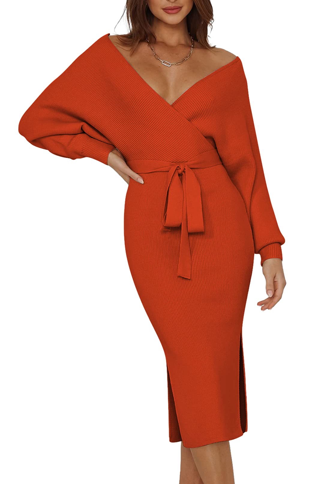Pink Queen Women's V-Neck Wrap Dress with Batwing Sleeves - Sexy Backless Maxi Knit Dress with Belt | Perfect for Date Night, Party & Evening Occasions