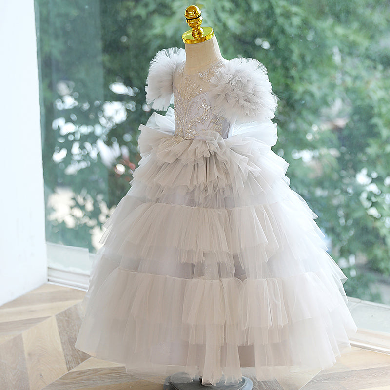 Elegant White Tulle A-Line Flower Girl Dress with Lace and Sequin Details - Puff Sleeve Design for Weddings, Parties & Special Occasions