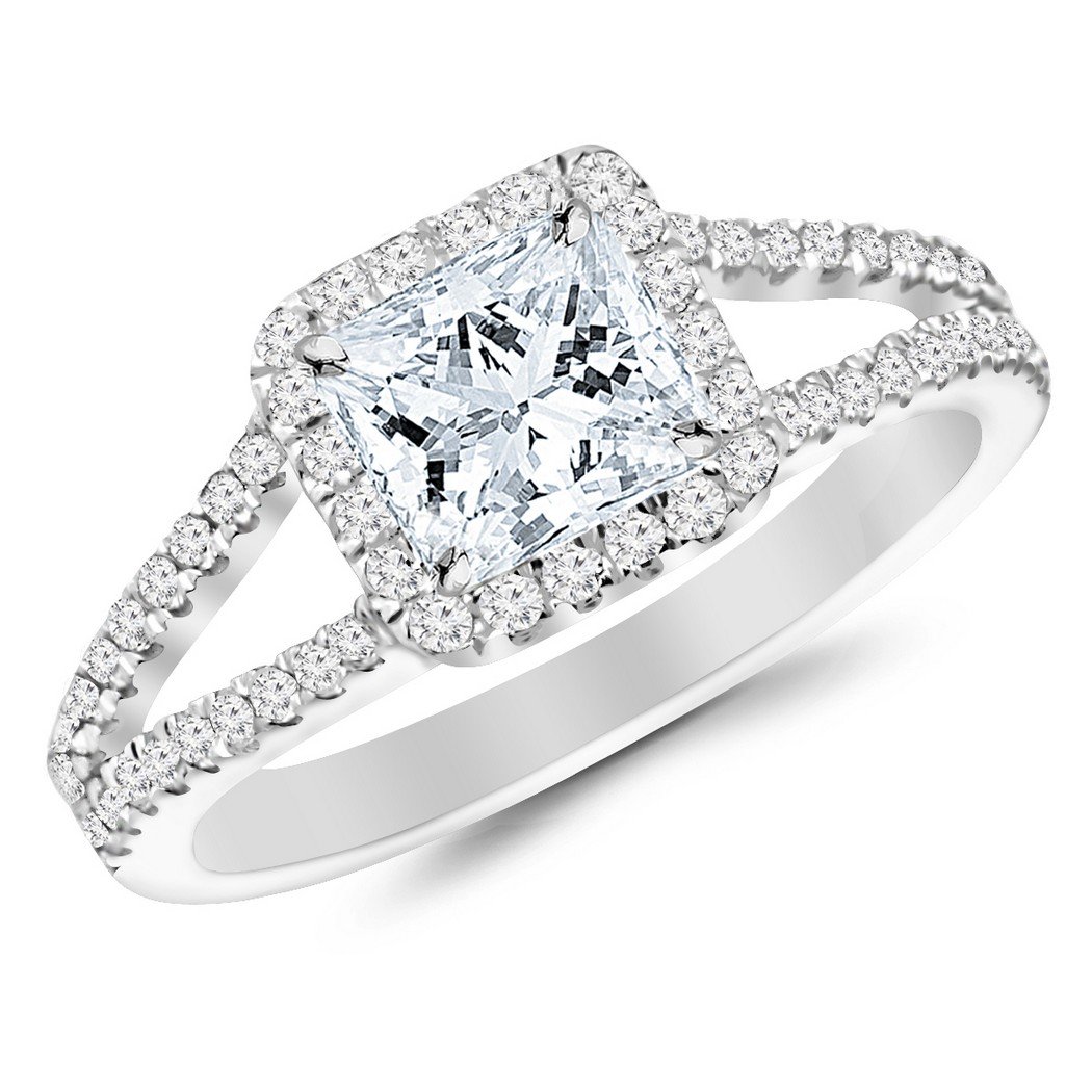 2.36 Carat Princess Cut Cubic Zirconia Engagement Ring, Silver Halo Double Row Pave Split Shank Wedding Band – Perfect for Proposals, Anniversaries & Bridal Jewelry
