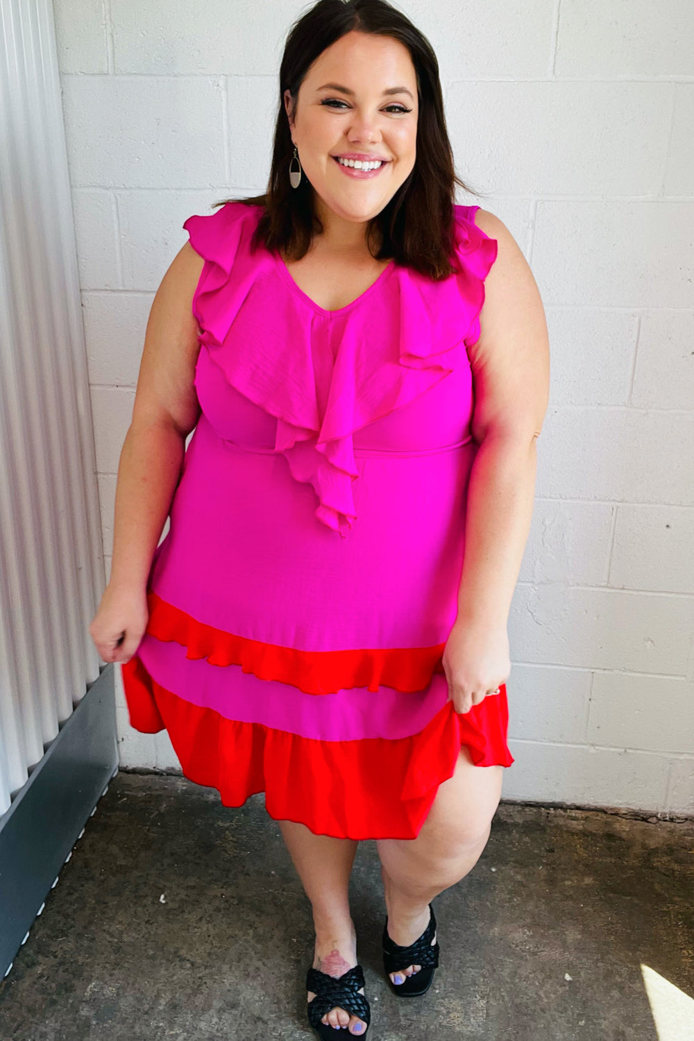 Fuchsia Ruffle V-Neck Crepe Tiered Midi Dress for Women - Flowy Party & Wedding Guest Outfit - Elegant Cocktail & Summer Dresses