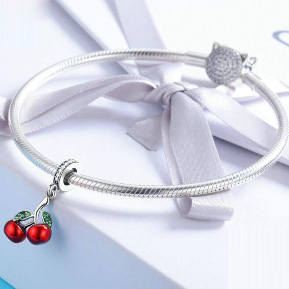 925 Sterling Silver Red Enamel Fruit Charm Bead for Pandora Bracelets - Christmas Gift, Party Jewelry & Everyday Wear